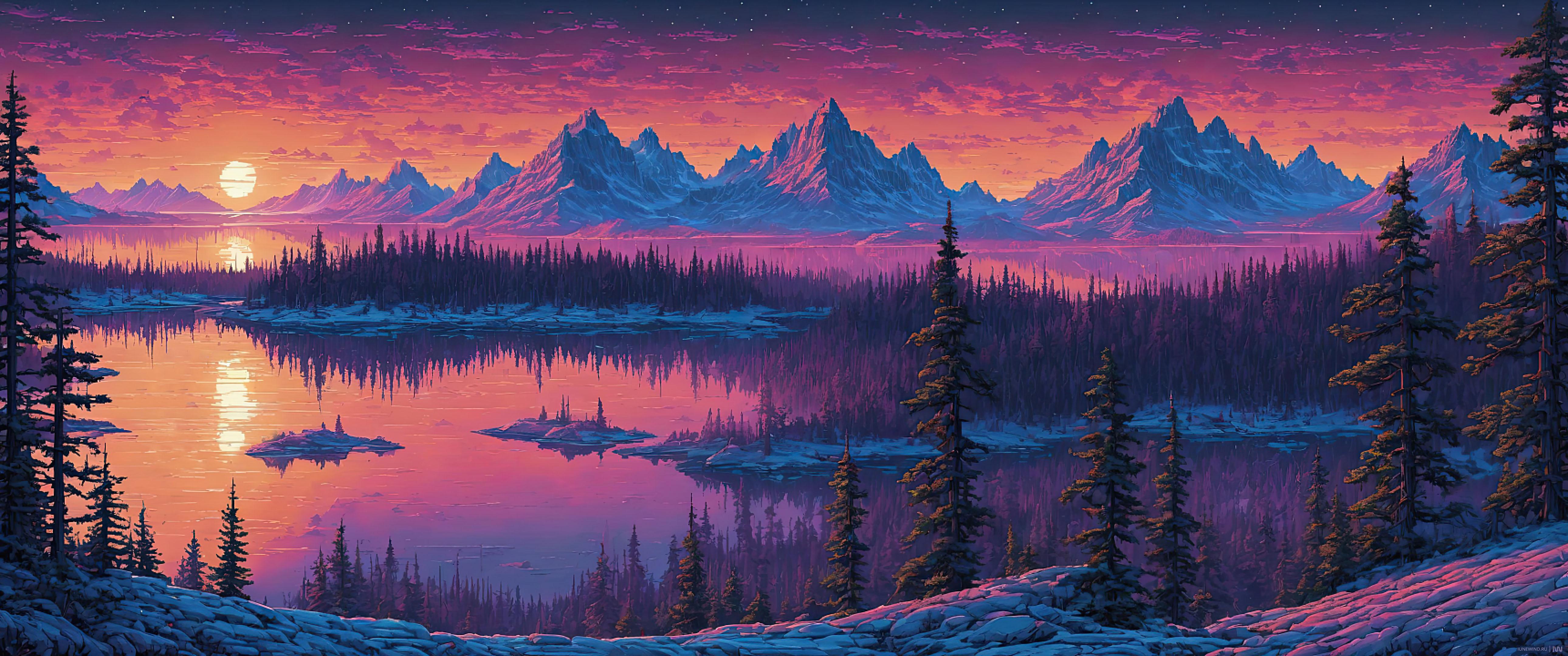 5160x2160 Pixel art style north sunset lakes - [5160x2160]