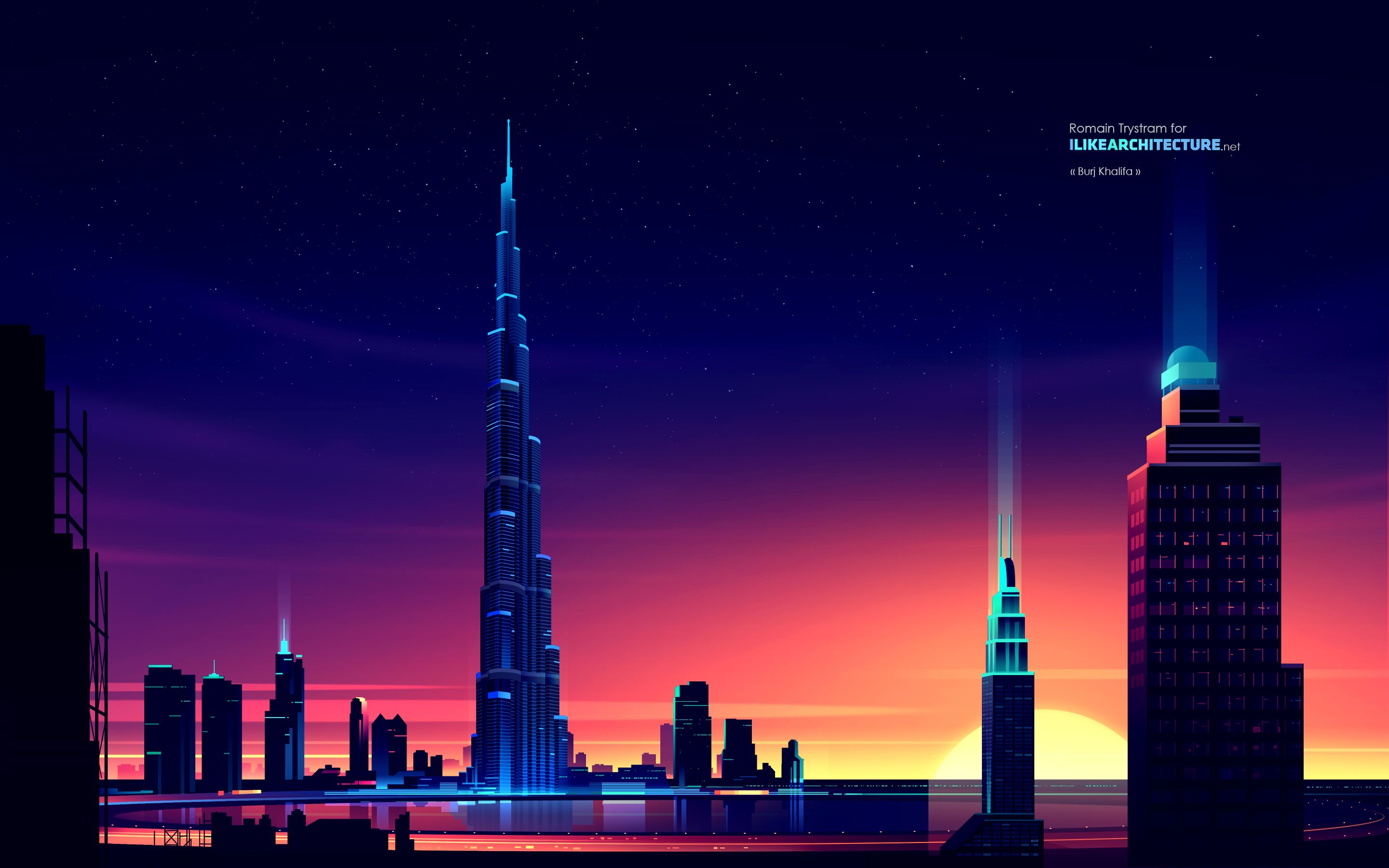 2880x1800 Romain Trystram ideas. glowing skyscrapers illustration, glowing cityscape design, modern cityscape illustration