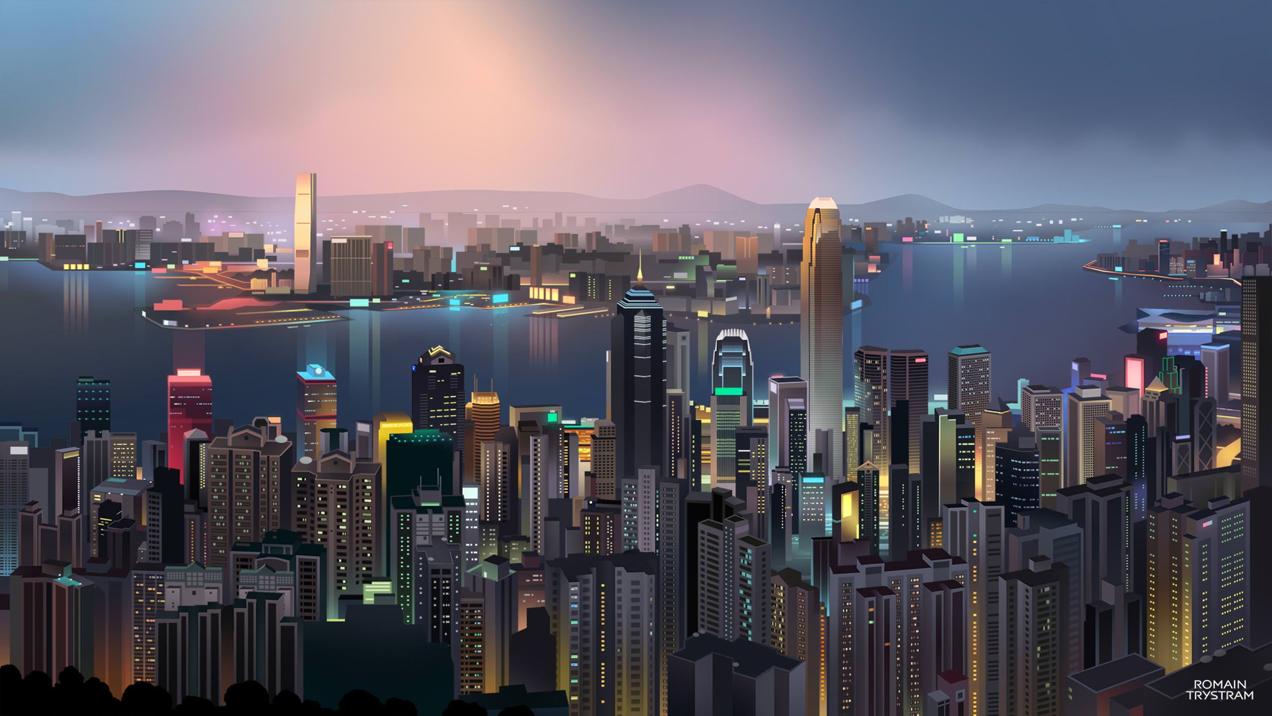 2560x1440 High Rise Buildings Illustration, Hong Kong, Low Poly, Romain Trystam HD Wallpaper