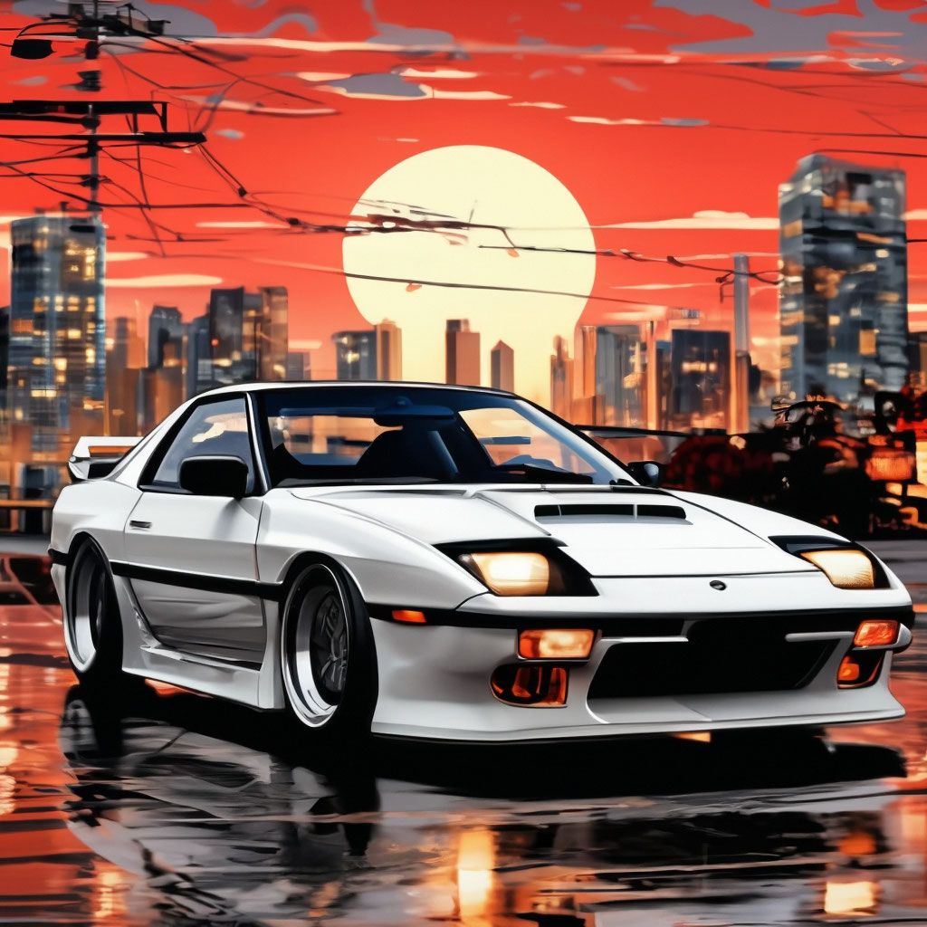 1024x1024 White Mazda RX 7 FC 1990 On The Background Of The Rising Sun, Manga, Japanese Style, Poster Style, Tones White, Red