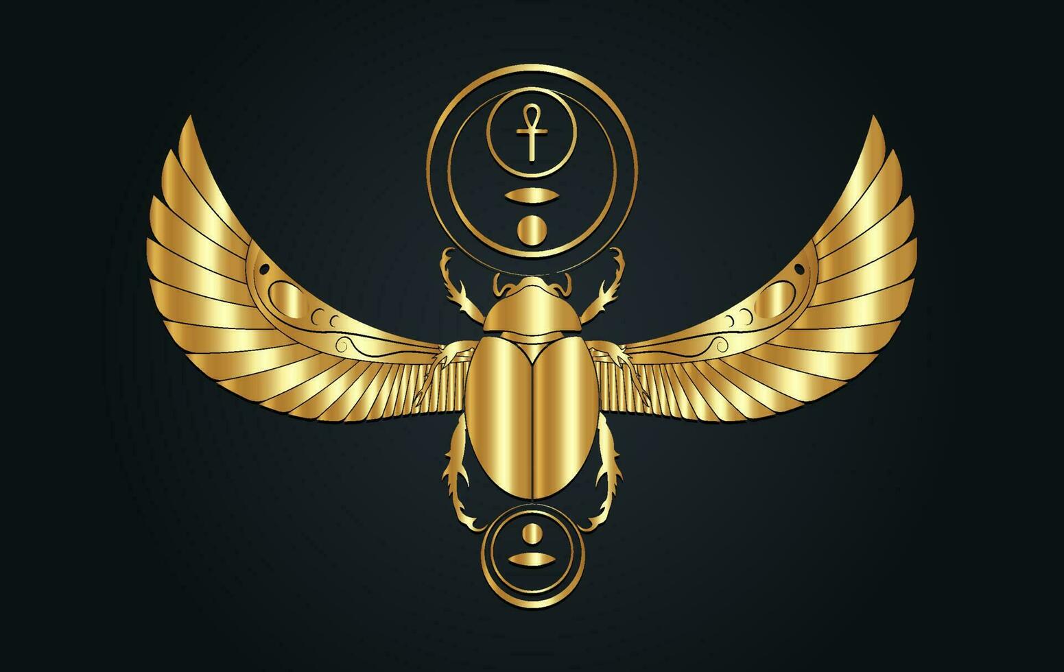 1551x980 Gold egyptian sacred Scarab wall art design. Beetle with wings. Vector illustration golden logo, personifying the god Khepri. Luxury symbol of the ancient Egyptians. Isolated on black background 24078322 Vector Art