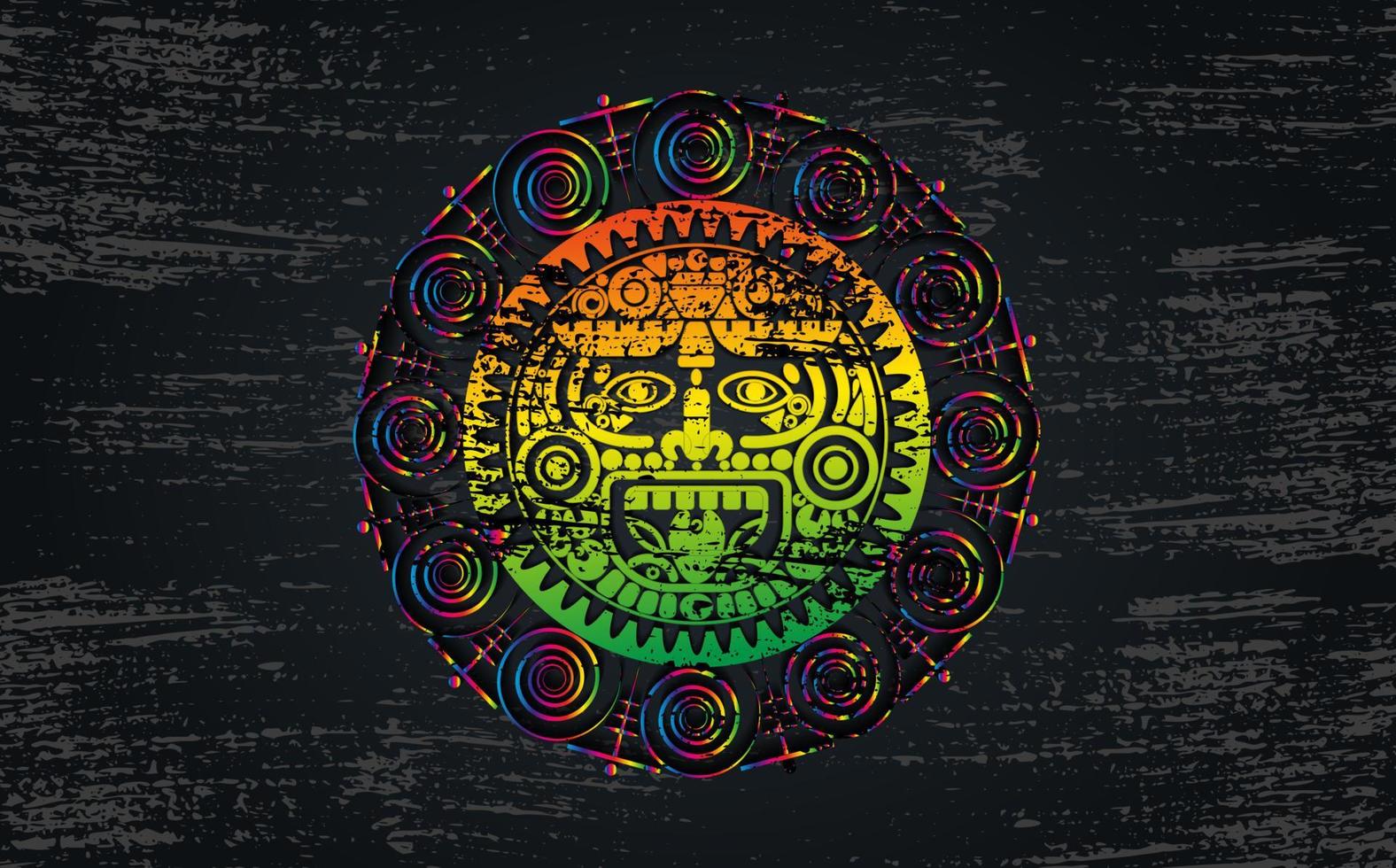 1576x980 Ancient Sacred Mayan sun god, Aztec wheel calendar, Maya symbols ethnic mask. Psychedelic round frame border old logo icon. Grunge Mandala vector illustration isolated on black background