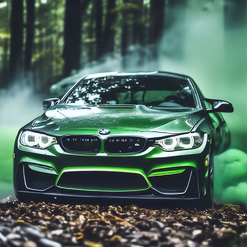 1024x1024 Bmw on a black background and light green smoke emanates from it