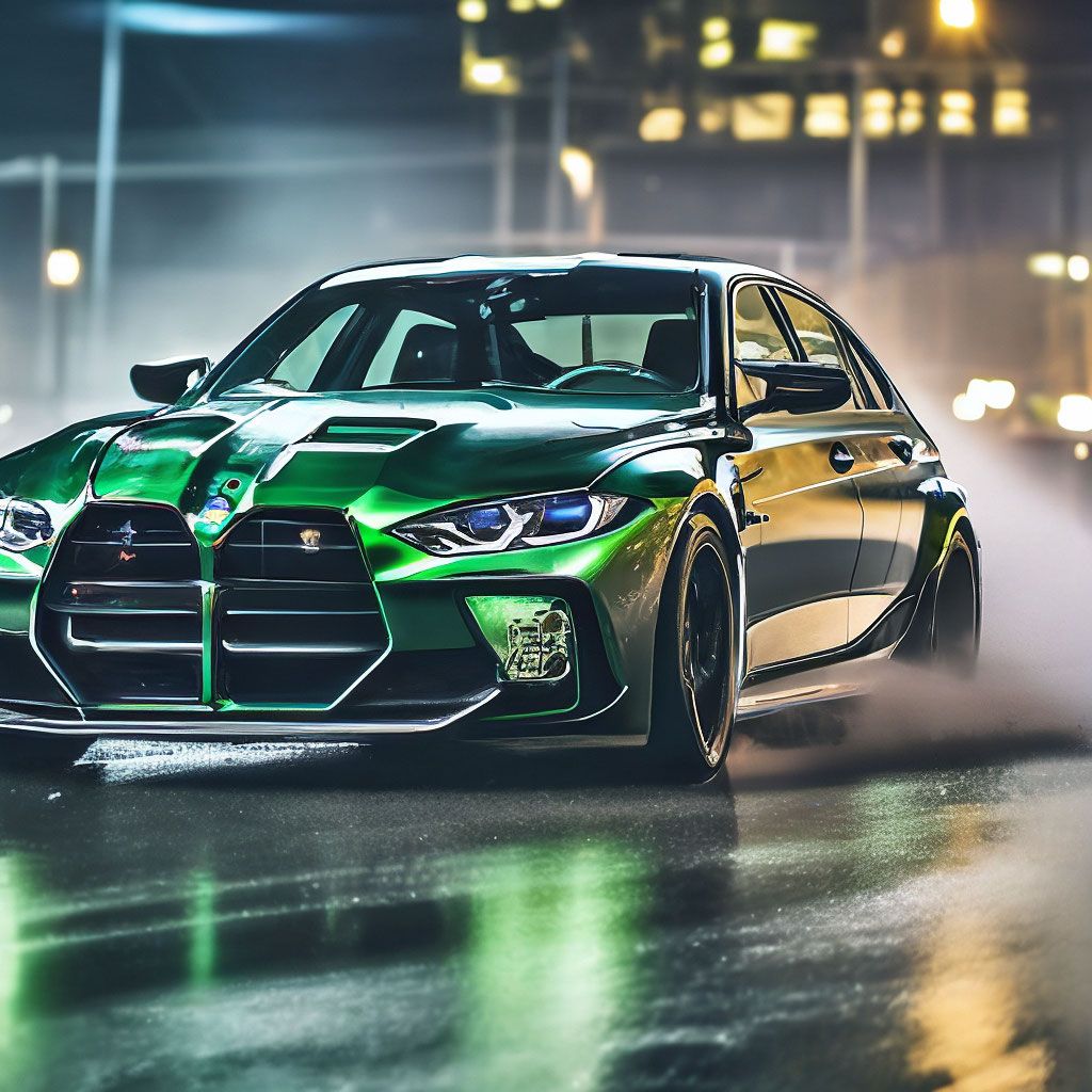 1024x1024 BMW M3 G81 dark green drift at night, driving sideways, thick smoke from under the wheels, rain, visible
