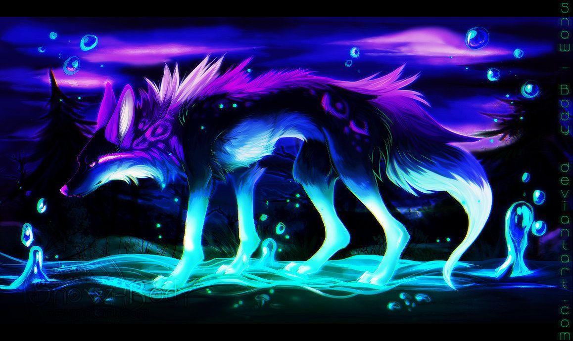 Premium Photo | Neon wolf with glowing eyes on a dark background