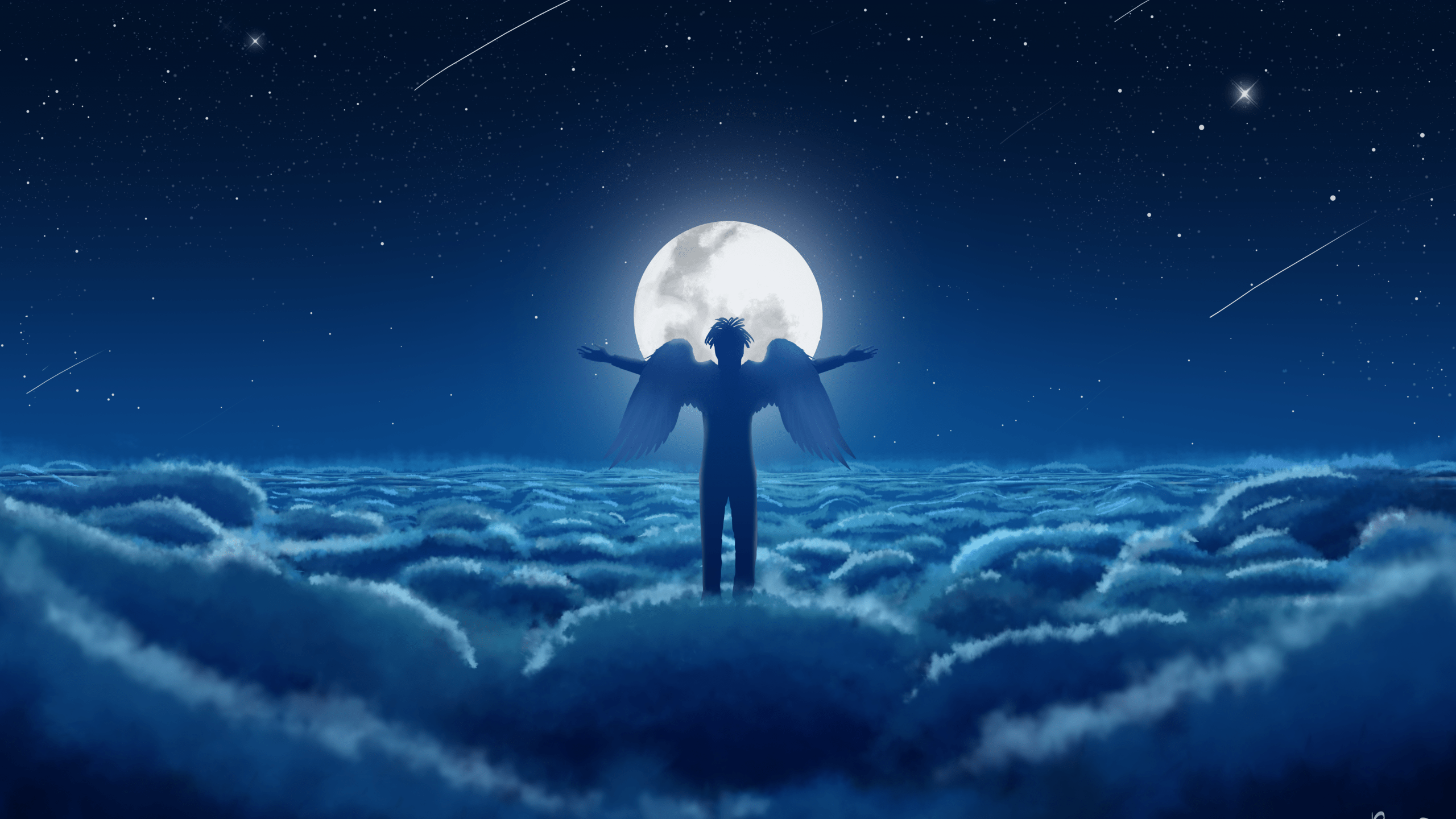 2560x1440 Download 2560x1440 Angel, Moon, Beyond The Clouds, Stars, Night Wallpaper for iMac 27 inch