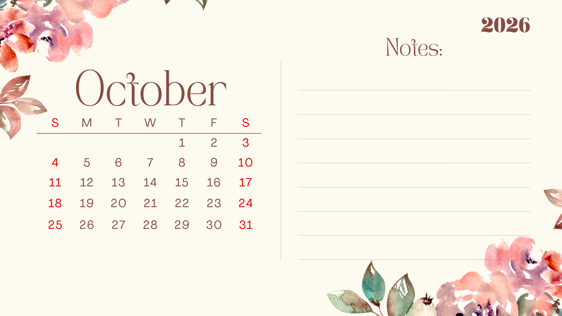 1920x1080 Free October 2026 Calendar Page(s)
