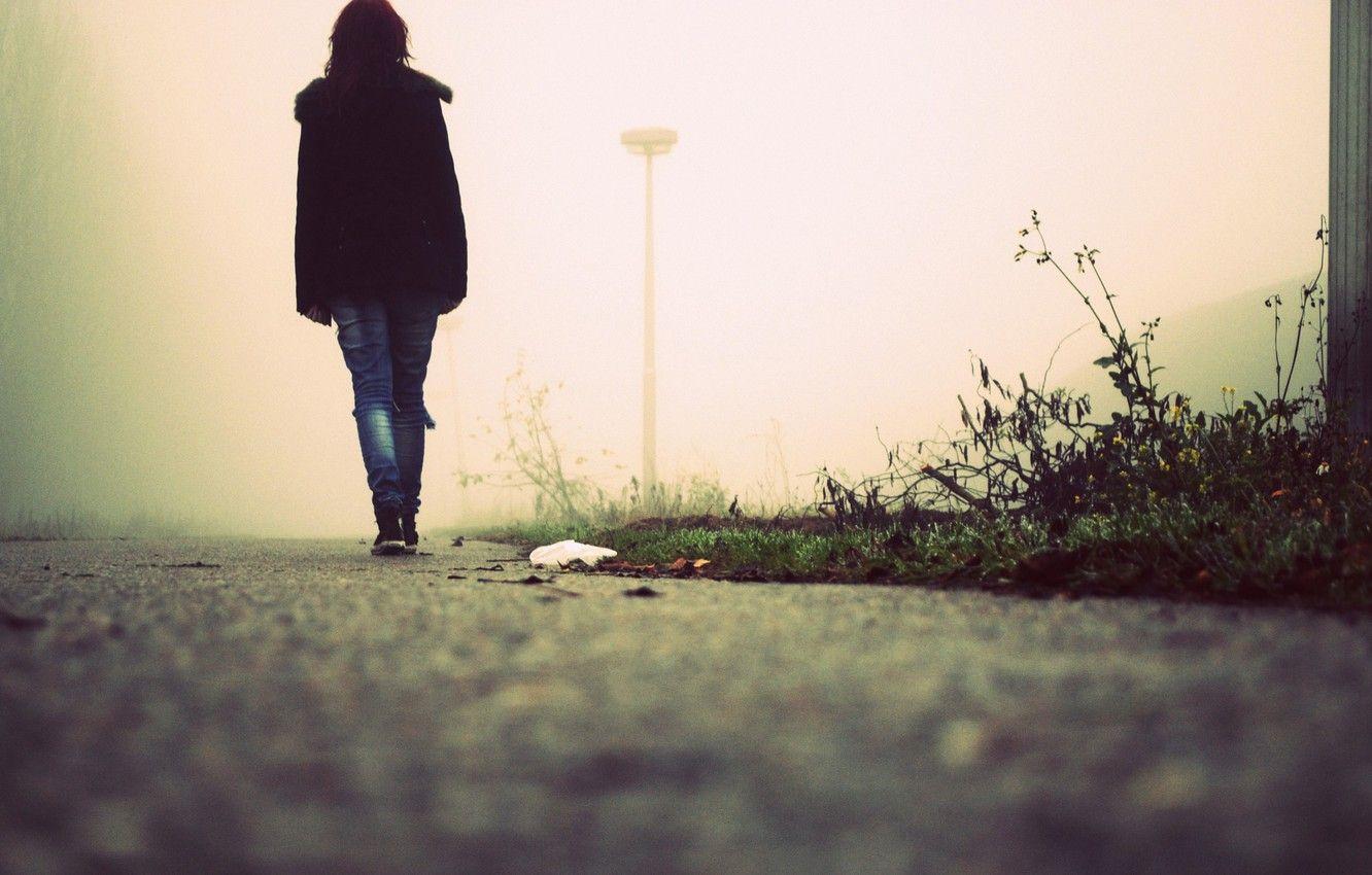 1332x850 Wallpaper road, girl, fog, I walk a lonely road image for desktop, section настроения