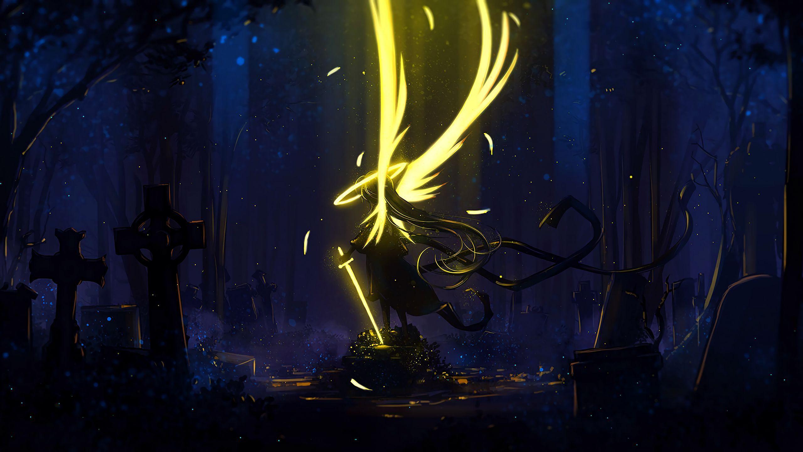 2560x1440 Download wallpaper 2560x1440 angel, wings, art, sword, dark, yellow widescreen 16:9 HD background