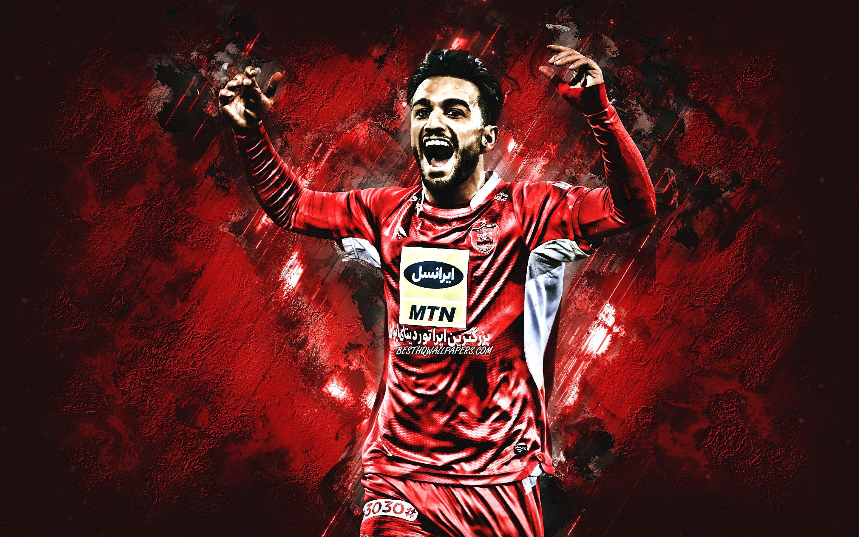 2880x1800 Download wallpaper Siamak Nemati, Persepolis FC, portrait, Iranian football player, red stone background, creative art, football, Iran for desktop with resolution 2880x1800. High Quality HD picture wallpaper