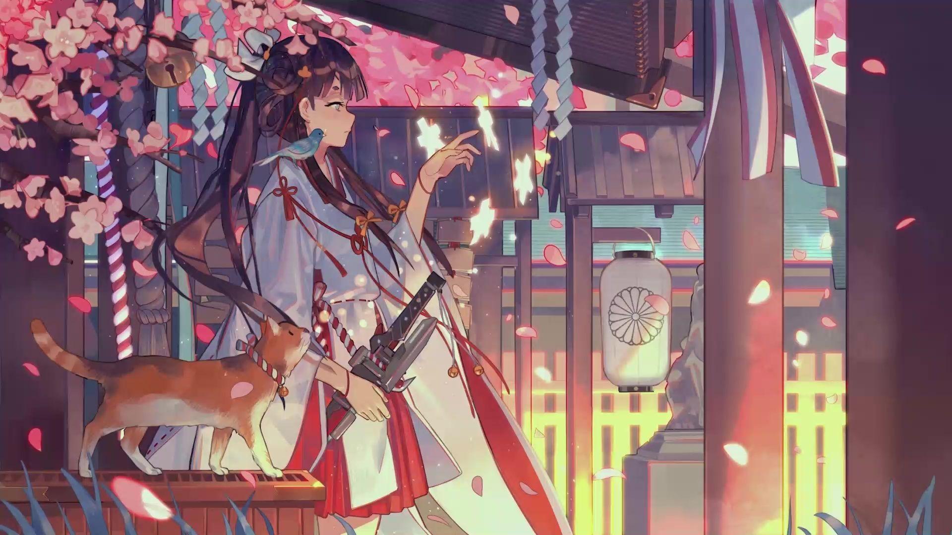 1920x1080 Anime Girl Kimono Cherry Blossom Live Wallpaper