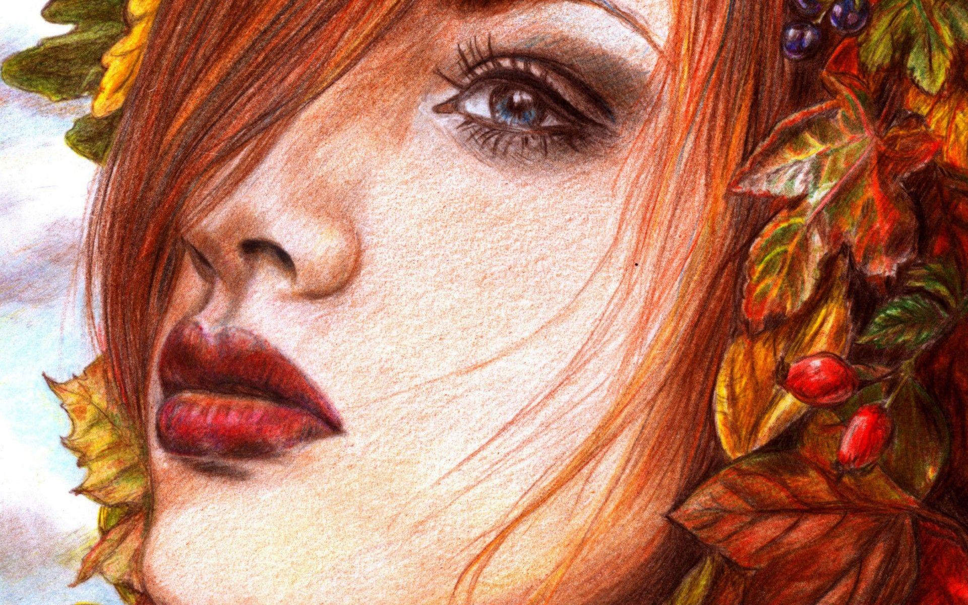 1920x1200 Painting girl face makeup eyes red lips hair leaves berries wallpaperx1200