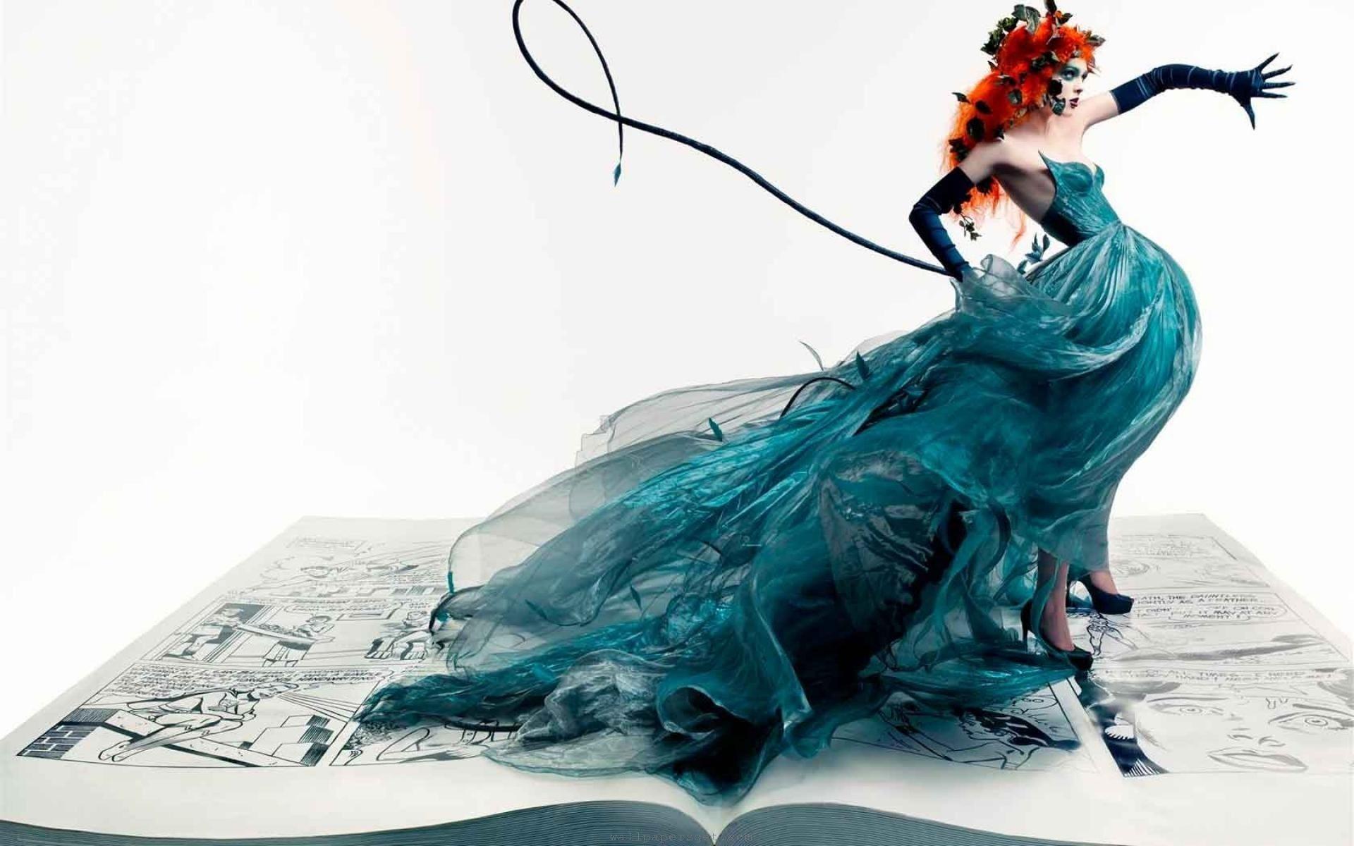 1920x1200 redheads, gloves, artistic, women, pages, illustrations, Coco Rocha, fashion, blue dress wallpaper
