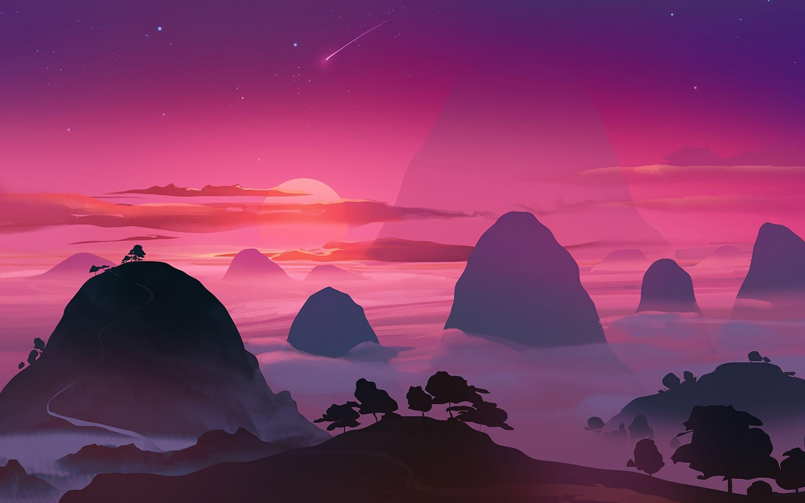 2560x1600 Pink sunset, minimal, mountains, aerial view wallpaper. Environment concept art, Mountain illustration, Environmental art