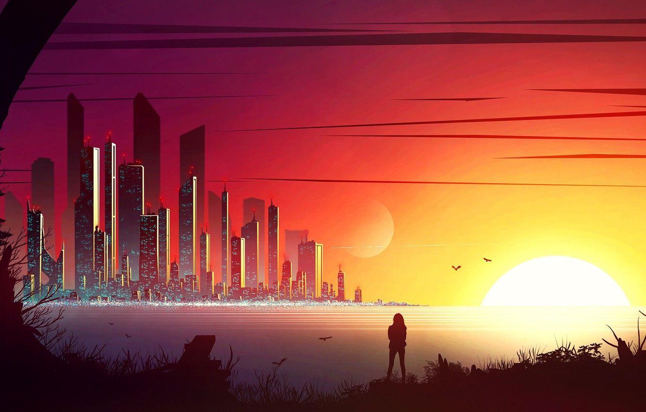 1332x850 Wallpaper City, Fantasy, Sunset, Science Fiction, Birds, Sun, People, Sci Fi, Digital Art, Buildings, Artwork, Skyscrapers, Fantasy Art, Cityscape, Silhouette, Illustration Image For Desktop, Section фантастика