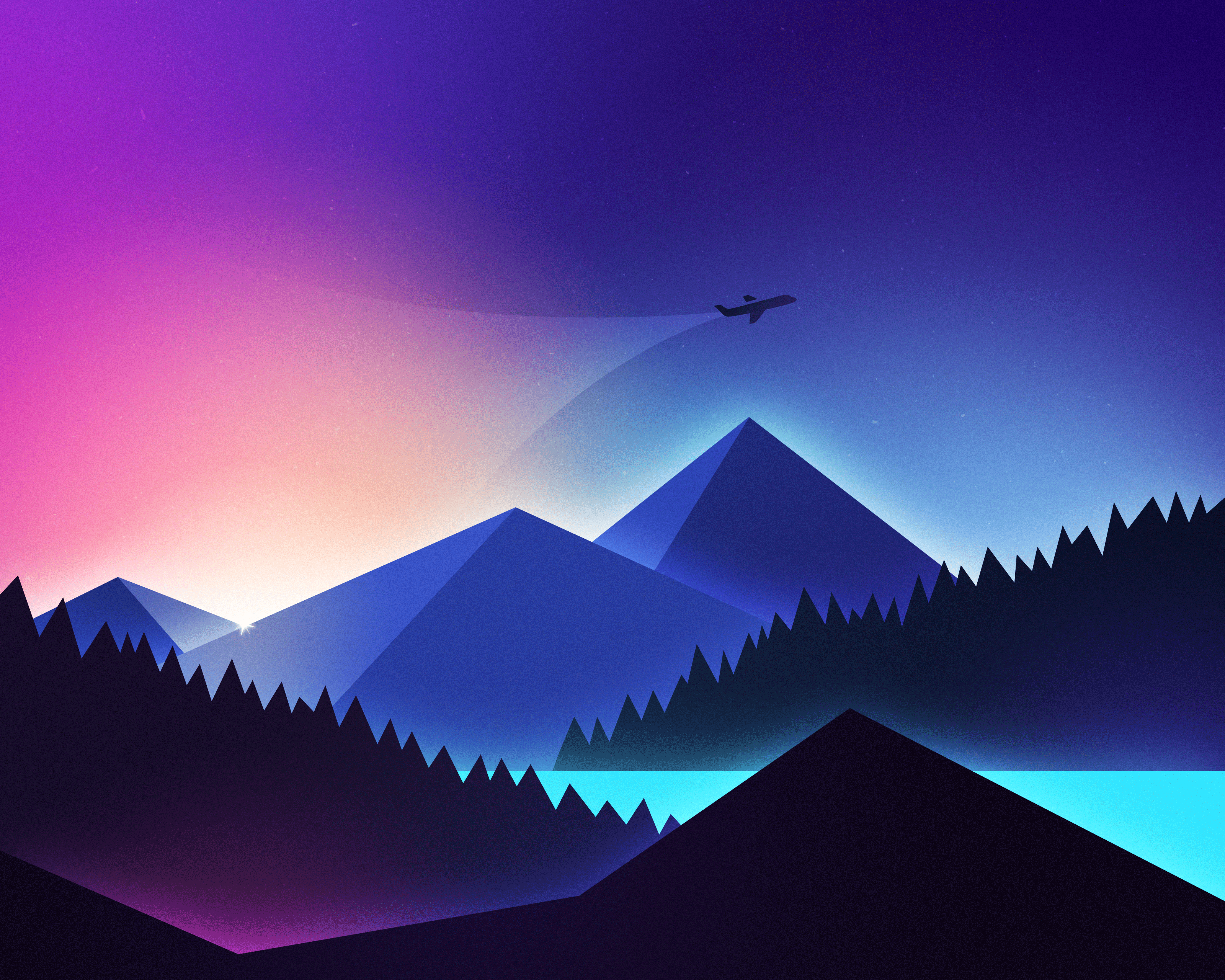 3200x2560 Mountains 4K Wallpaper, Illustration, Flight, Night, Sunset, Gradient background, Nature