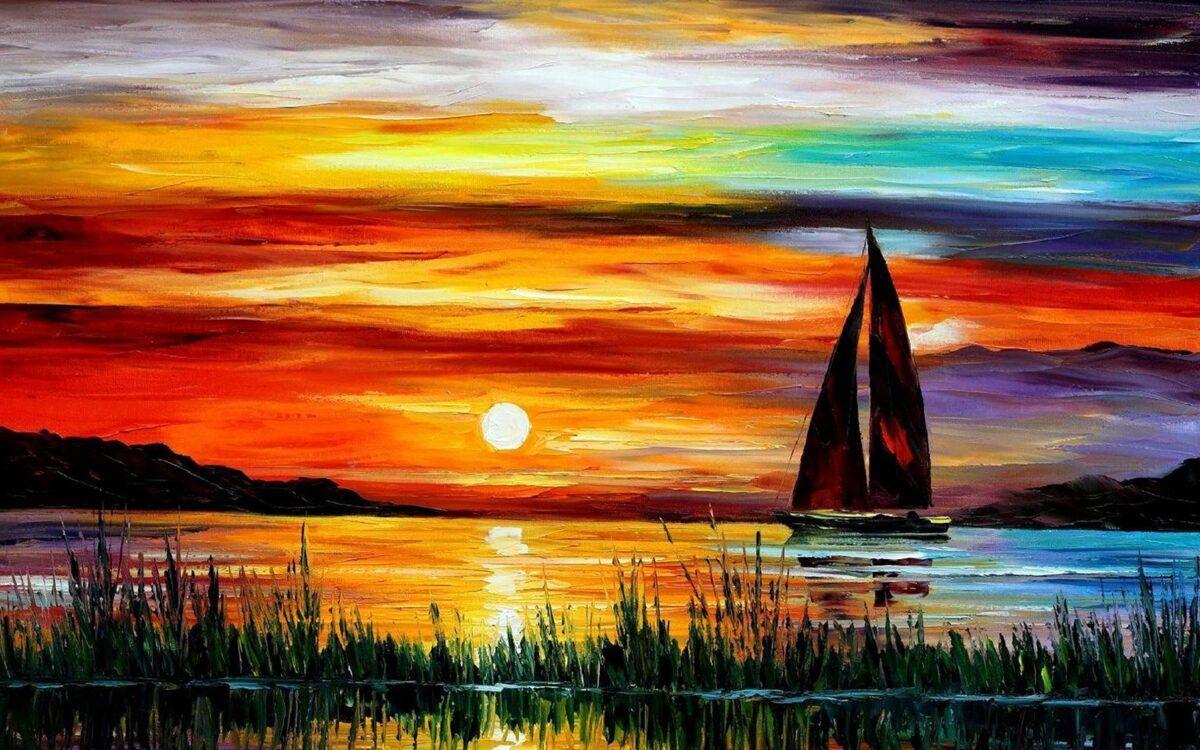 1200x750 Painting, Sunset, Sea, Boat, HD, Wallpaper, Free, High Resolution Digital Photo, Widescreen Image, Illustration, Abstract, Painting, Art Is Everywhere, Artist, Creation, 1805x1128