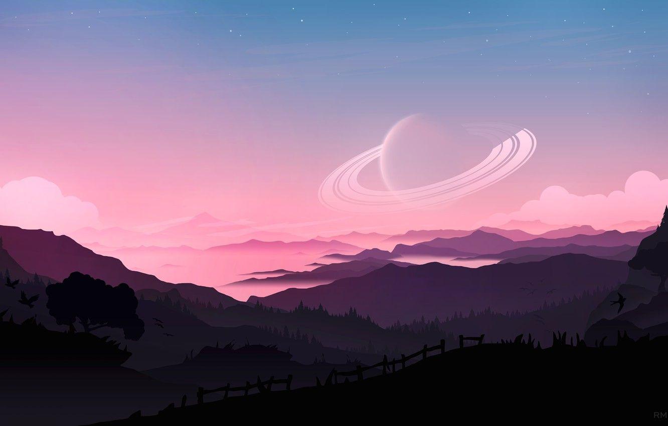 1332x850 Wallpaper fantasy, forest, Saturn, sky, trees, sunset, mountains, clouds, stars, birds, planet, artist, digital art, artwork, fantasy art, illustration image for desktop, section фантастика