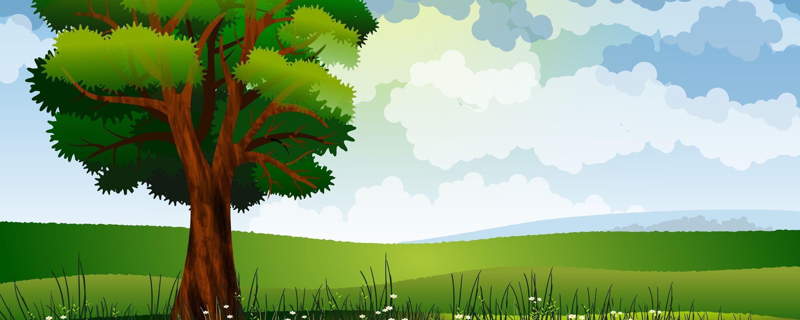 2560x1024 Download wallpaper 2560x1024 tree, art, field, flowers, summer ultrawide monitor HD background