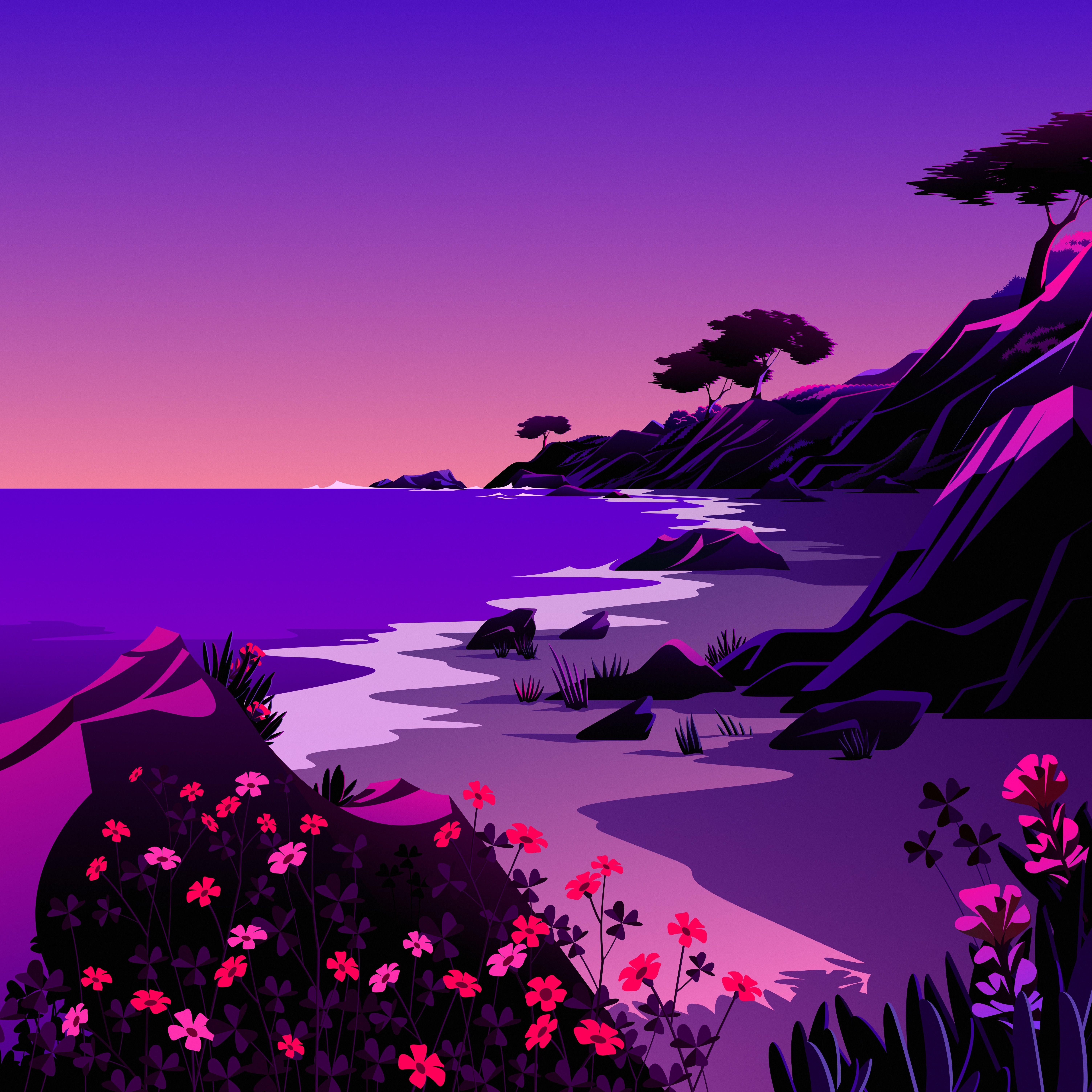 6016x6016 Beach 4K Wallpaper, Landscape, Twilight, Sunset, Scenery, Illustration, macOS Big Sur, iOS Nature