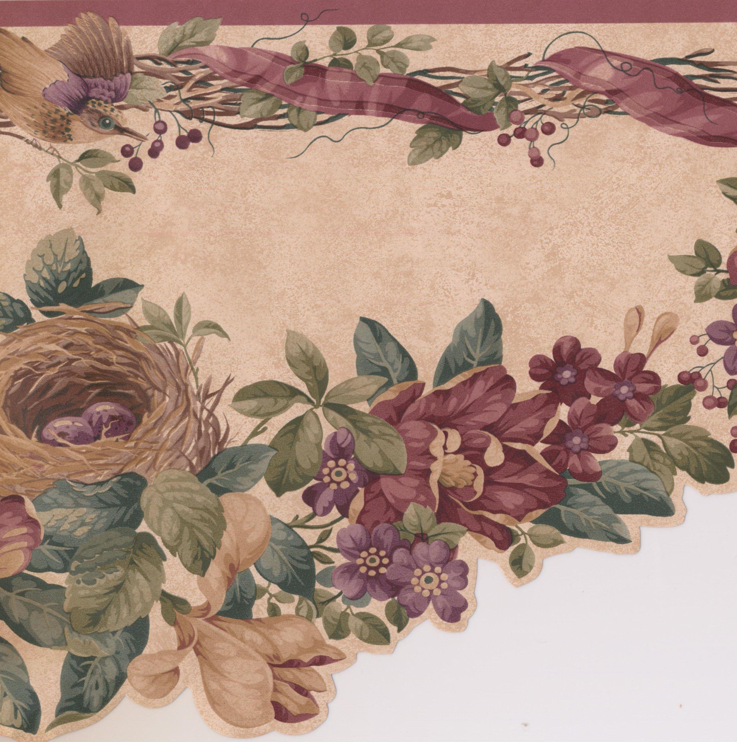 2942x2960 Purple Flowers on Vine Bird Nest Beige Farmhouse Wallpaper Border Rustic Design, Roll 15' x 10''