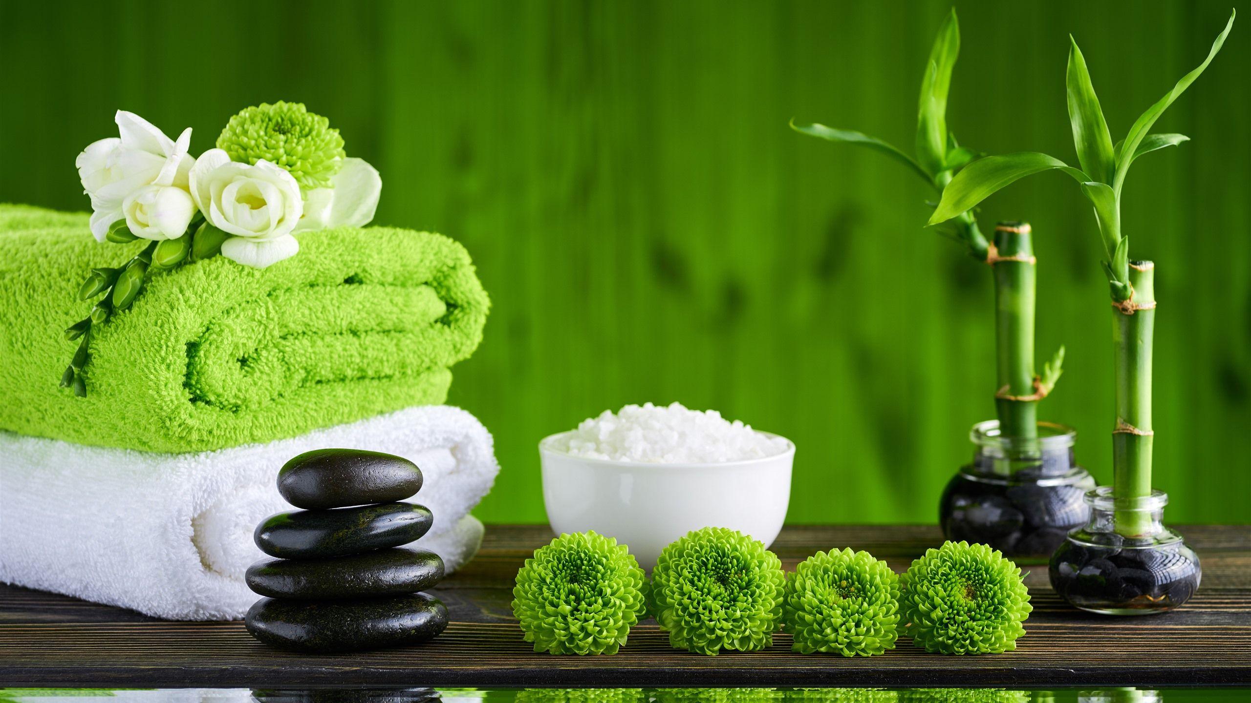 2560x1440 Wallpaper SPA theme, towel, green flowers, bamboo, stones, salt 5120x2880 UHD 5K Picture, Image