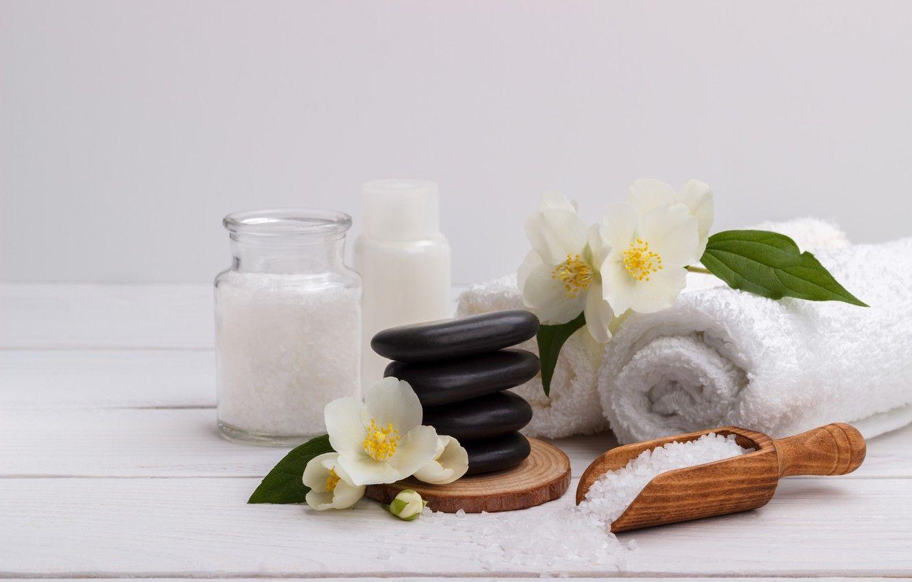 1332x850 Wallpaper flowers, stones, towel, Spa, Jasmine, sea salt image for desktop, section разное