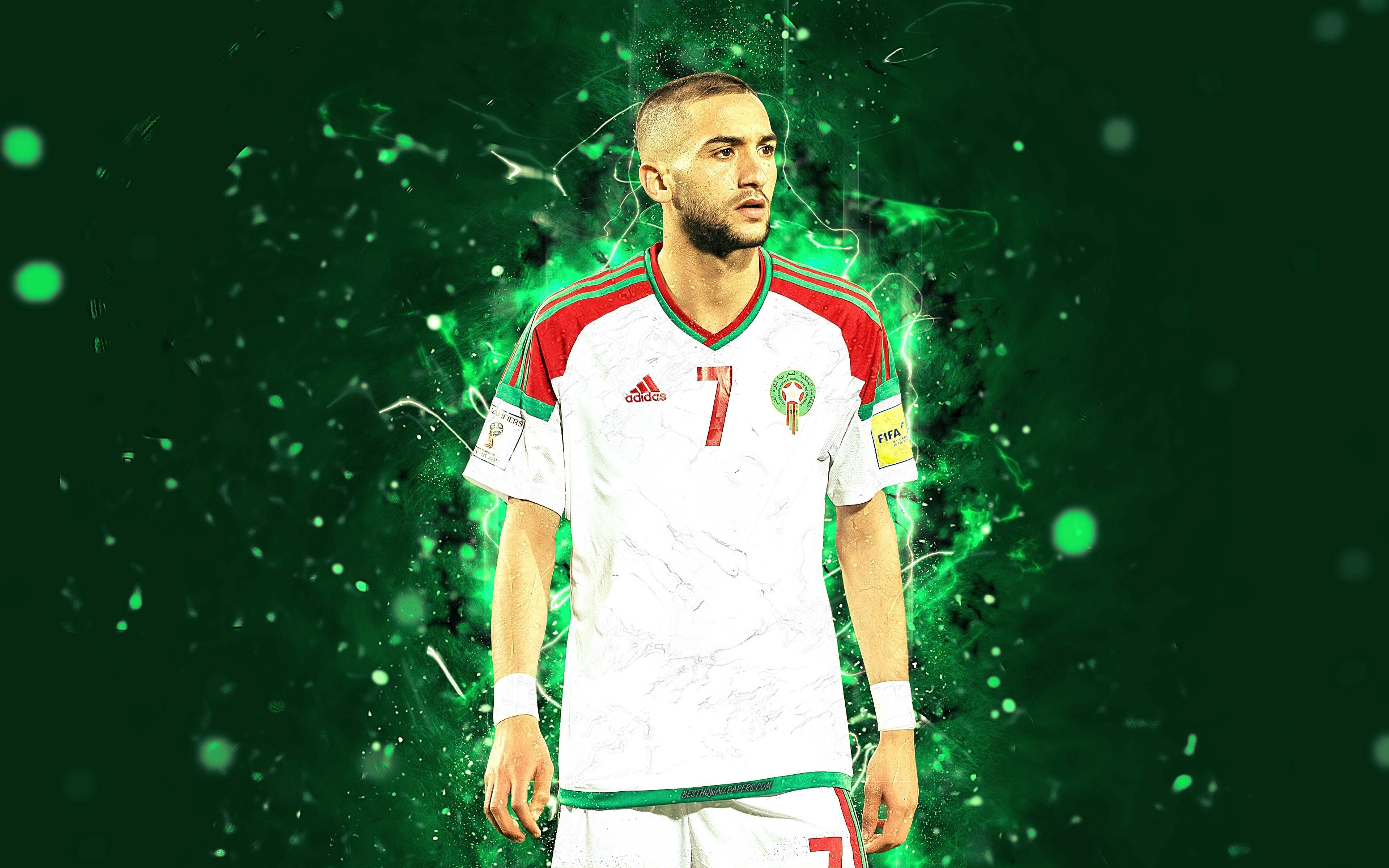 3840x2400 Download wallpaper 4k, Hakim Ziyech, abstract art, Morocco National Team, fan art, Ziyech, soccer, footballers, neon lights, Moroccan football team for desktop with resolution 3840x2400. High Quality HD picture wallpaper