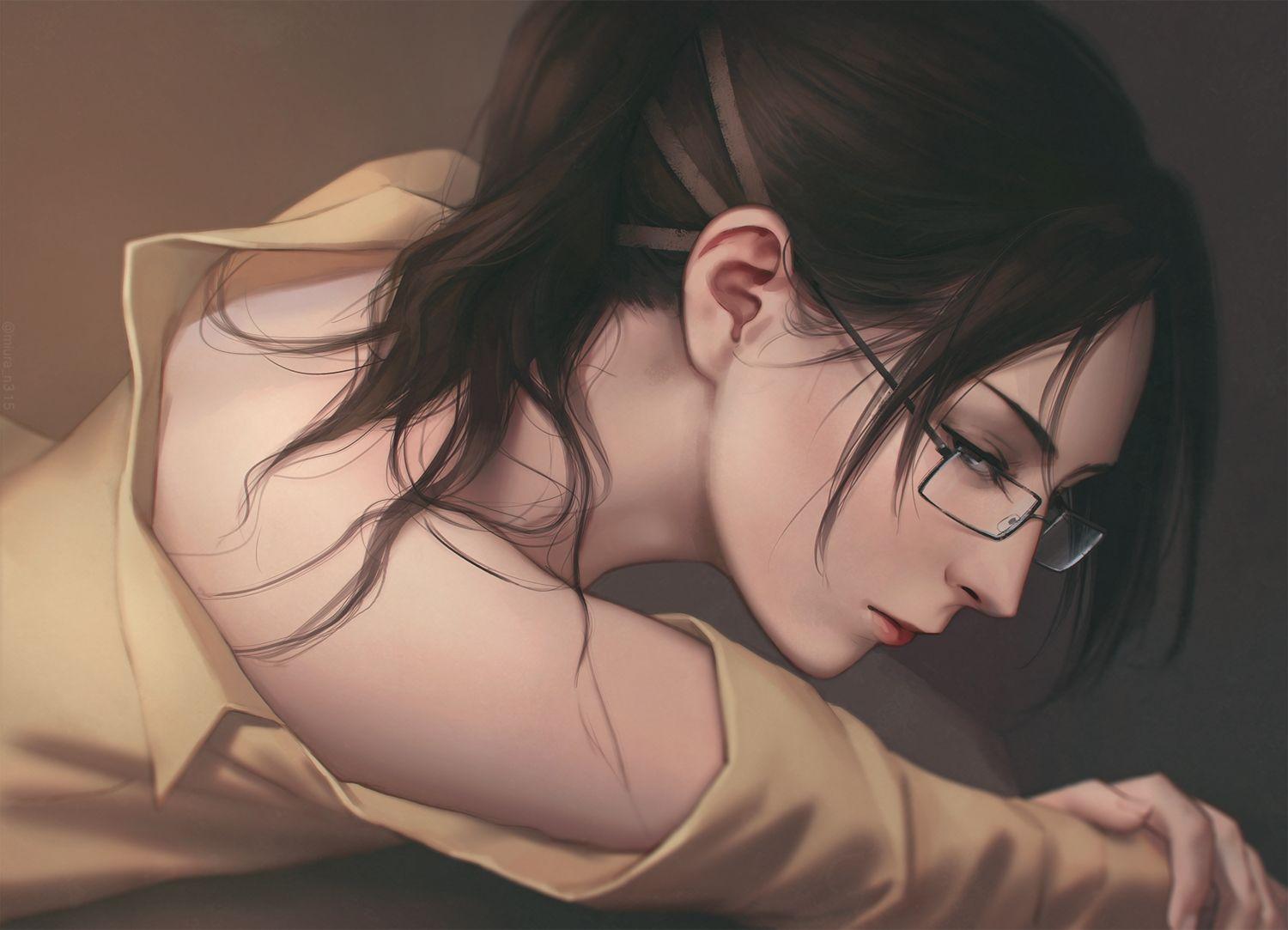 1500x1083 blush brown eyes brown hair close glasses hanji zoe miura naoko realistic shingeki no kyojin shirt short hair. konachan.com.com Anime Wallpaper