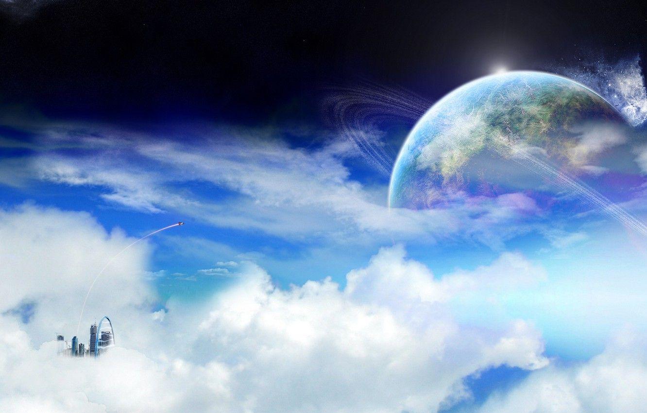 1332x850 Wallpaper The Sky, Space, City, Future, Fiction, Planet, Ring, Rocket, Sky, Clouds, Sci Fi, Planet, Fantasy World, Cloud City, Dreamland Image For Desktop, Section космос