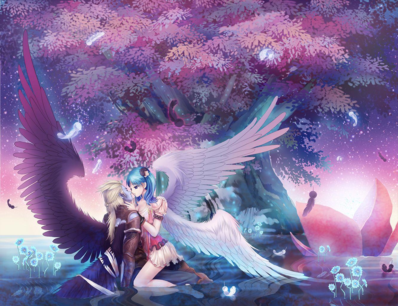 1332x1024 Desktop Wallpaper Wings Hug Love Girls Anime Fantasy angel