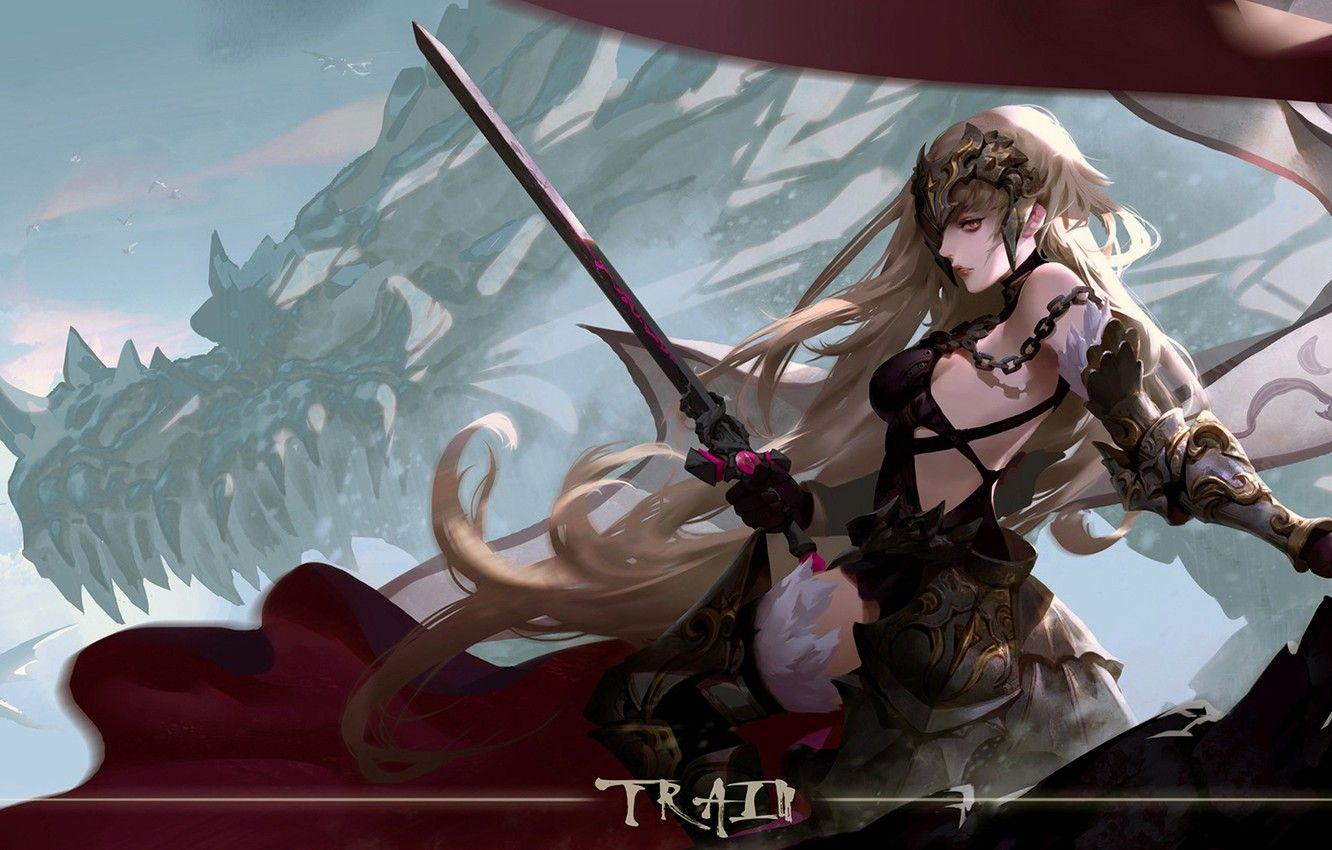 1332x850 Wallpaper girl, sword, fantasy, armor, long hair, weapon, anime, art, red eyes, blonde, digital art, artwork, warrior, fantasy art, dragons, pearls image for desktop, section сёнэн
