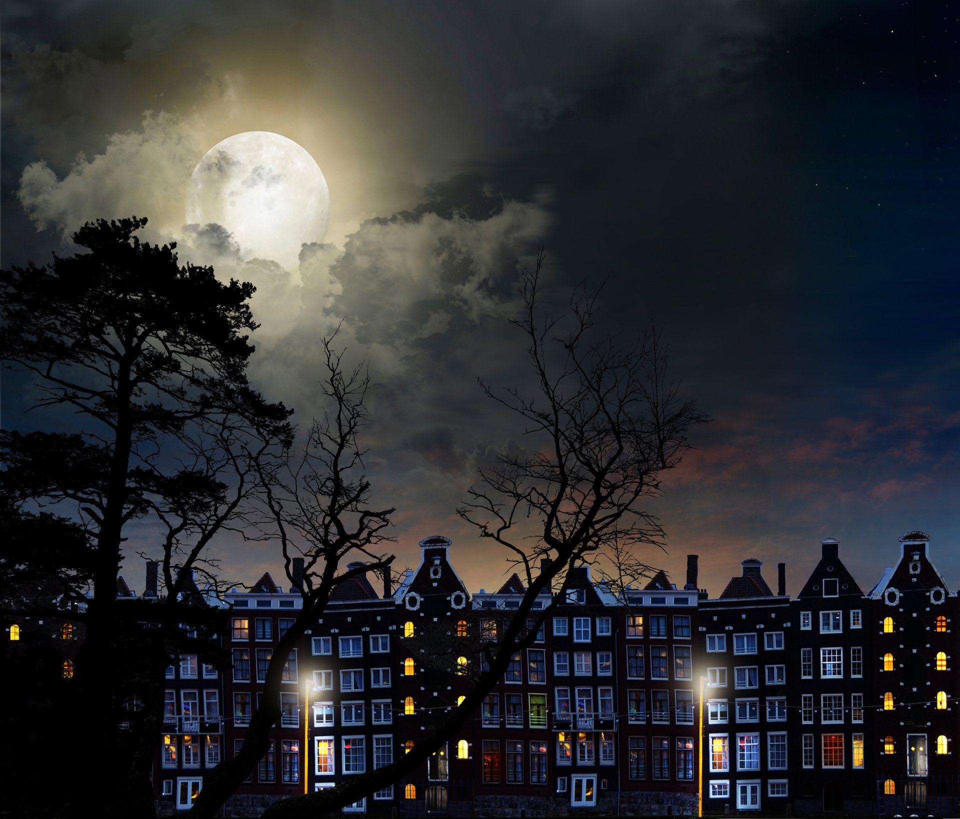 1920x1638 Full Moon Magical Night City Buildings Trees Sky Clouds HD Wallpaper