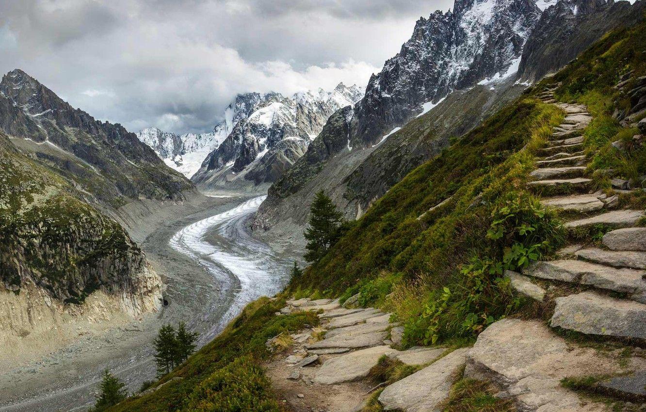1332x850 Wallpaper mountains, France, glacier, path, Chamonix image for desktop, section пейзажи