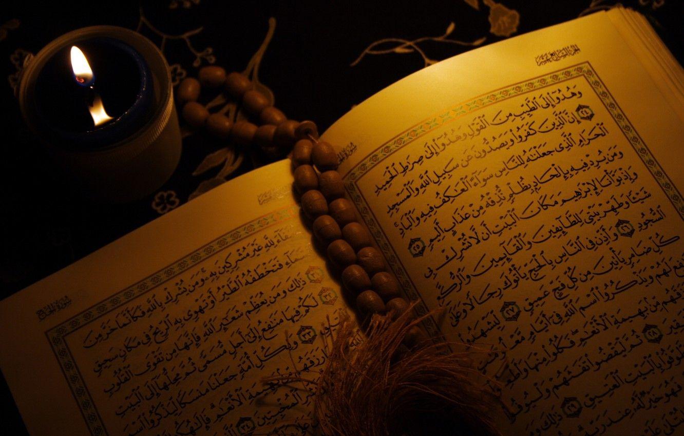 1332x850 Wallpaper candle, book, religion, Islam, Quran, Arabic script image for desktop, section разное