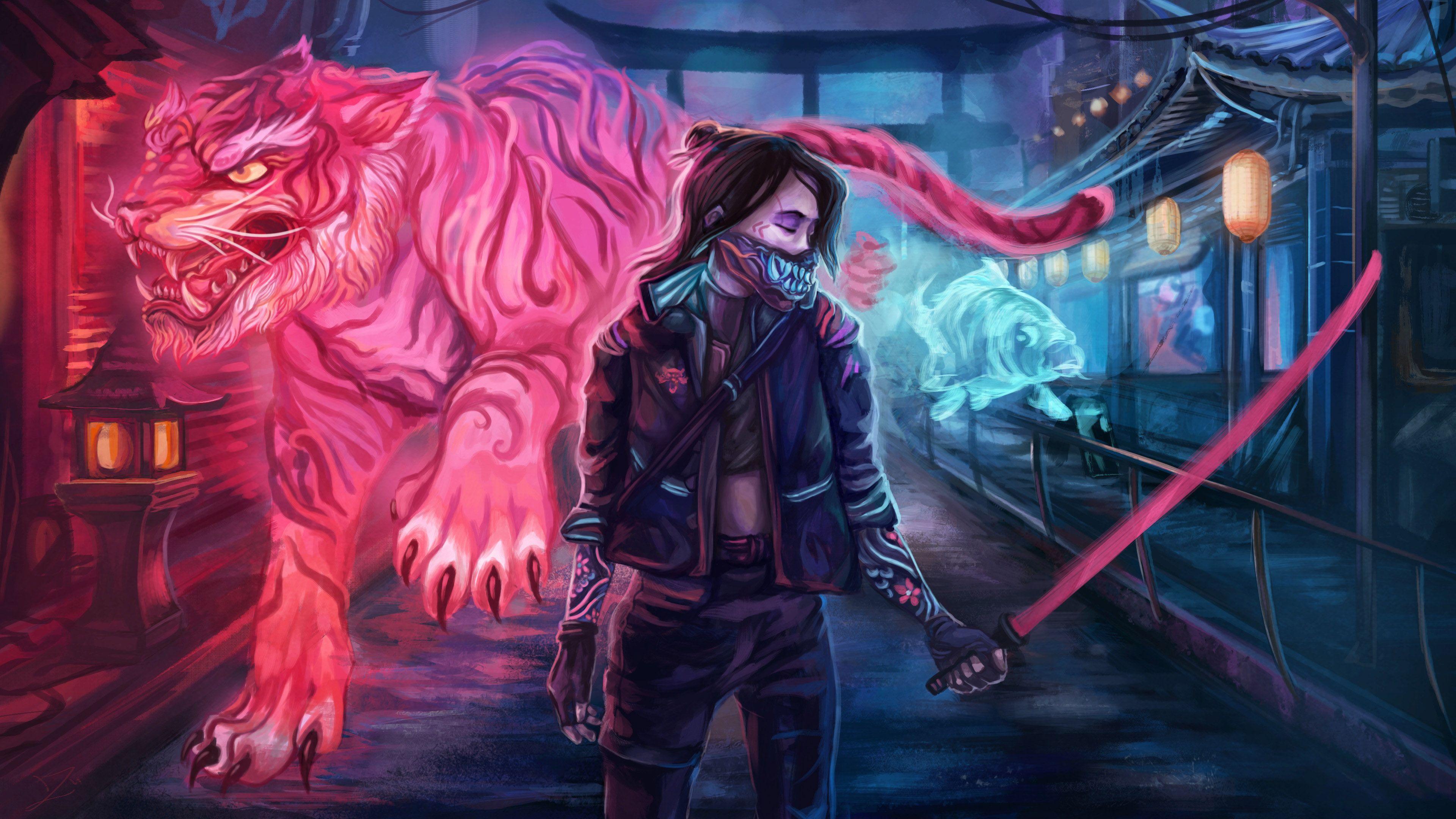 3840x2160 Cyberpunk 2077 Sword Tiger Woman Warrior 4K HD Games Wallpaper