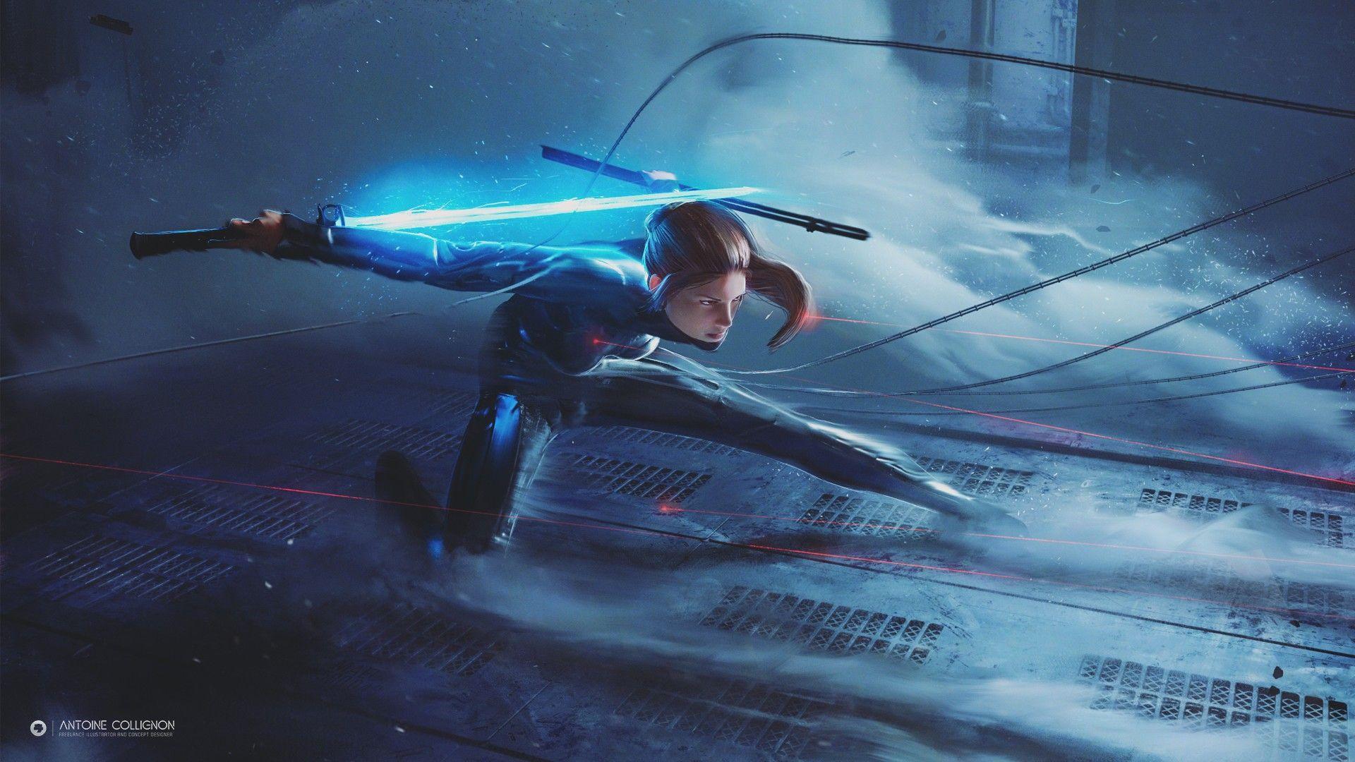 1920x1080 Blue Lightsaber Cyberpunk Girl Lightsaber Sword Weapon Woman Warrior Wallpaper:1920x1080