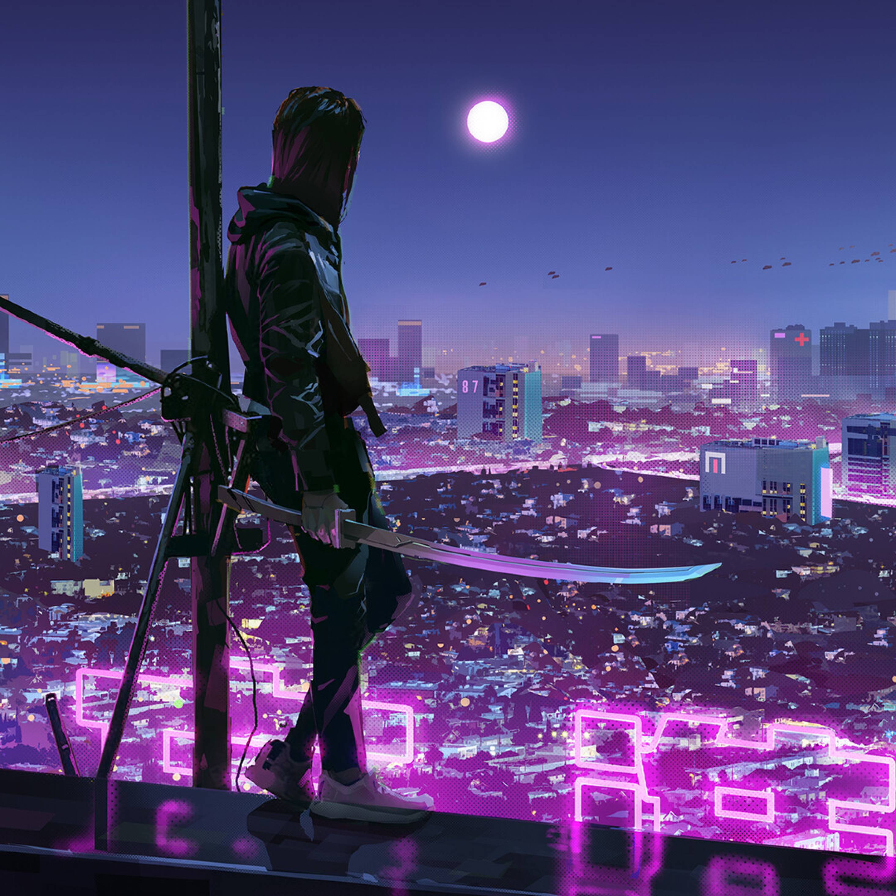 2932x2932 Warrior Girl in Cyberpunk City iPad Pro Retina Display Wallpaper, HD Artist 4K Wallpaper, Image, Photo and Background