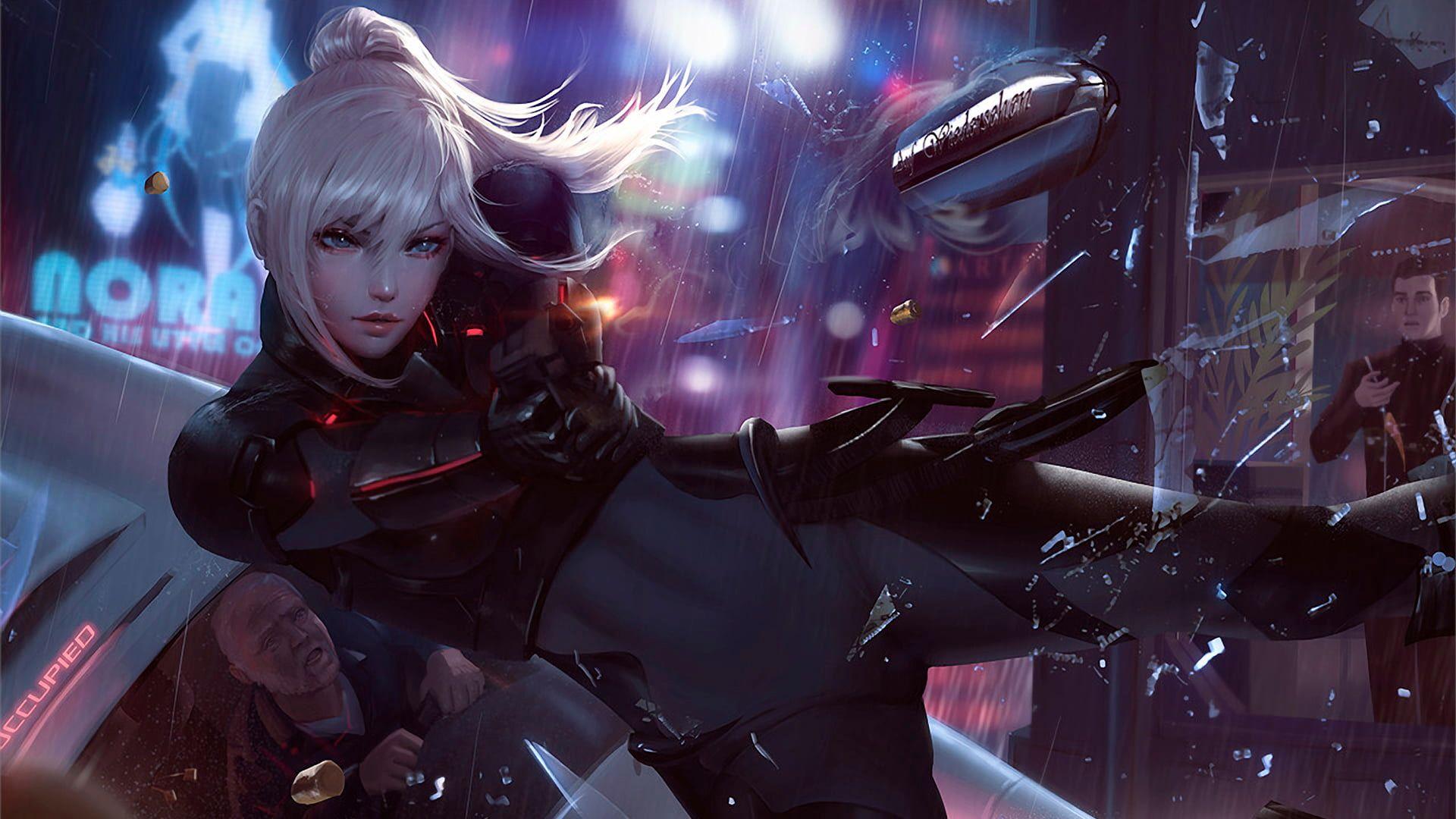 1920x1080 Cyberpunk girl warrior shoots wallpaper