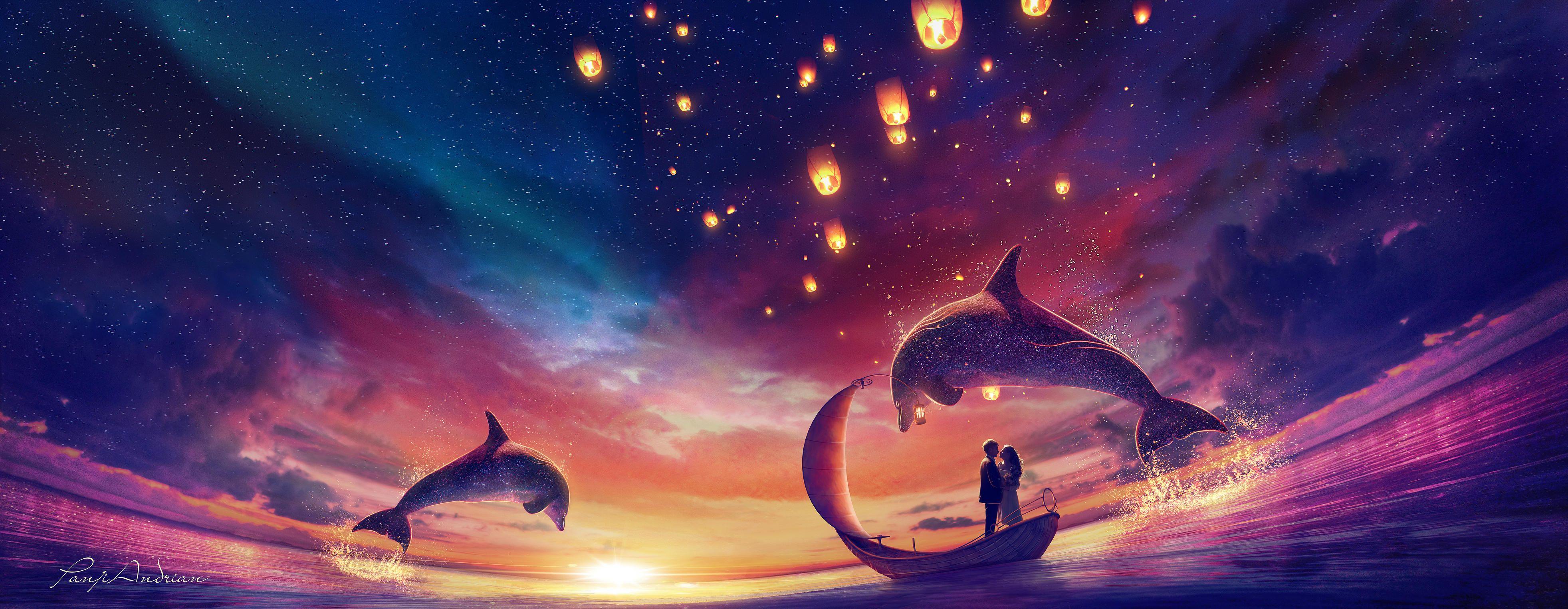 3927x1527 Digital Digital Art Artwork Illustration Drawing Digital Painting Environment Concept Art Dolphin An Wallpaper:3927x1527