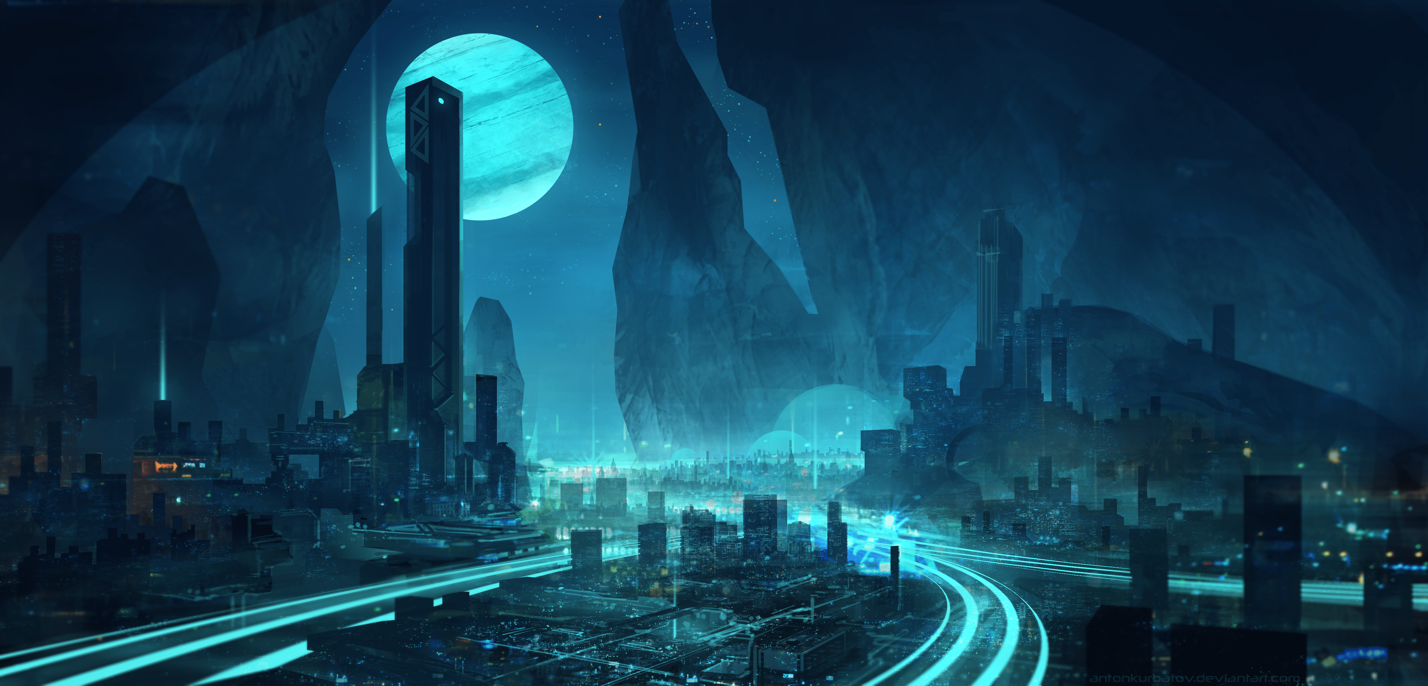 4618x2220 Digital Digital Art Artwork Drawing Digital Painting Illustration Lights Blue Cyan City Cityscape La Wallpaper:4618x2220