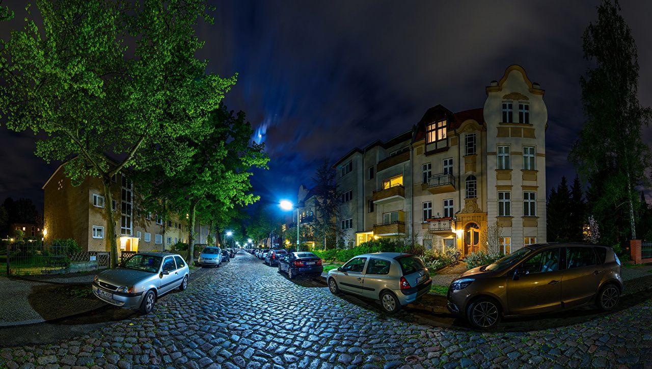 1280x724 Photo Berlin Germany Street night time Street lights Trees Cities