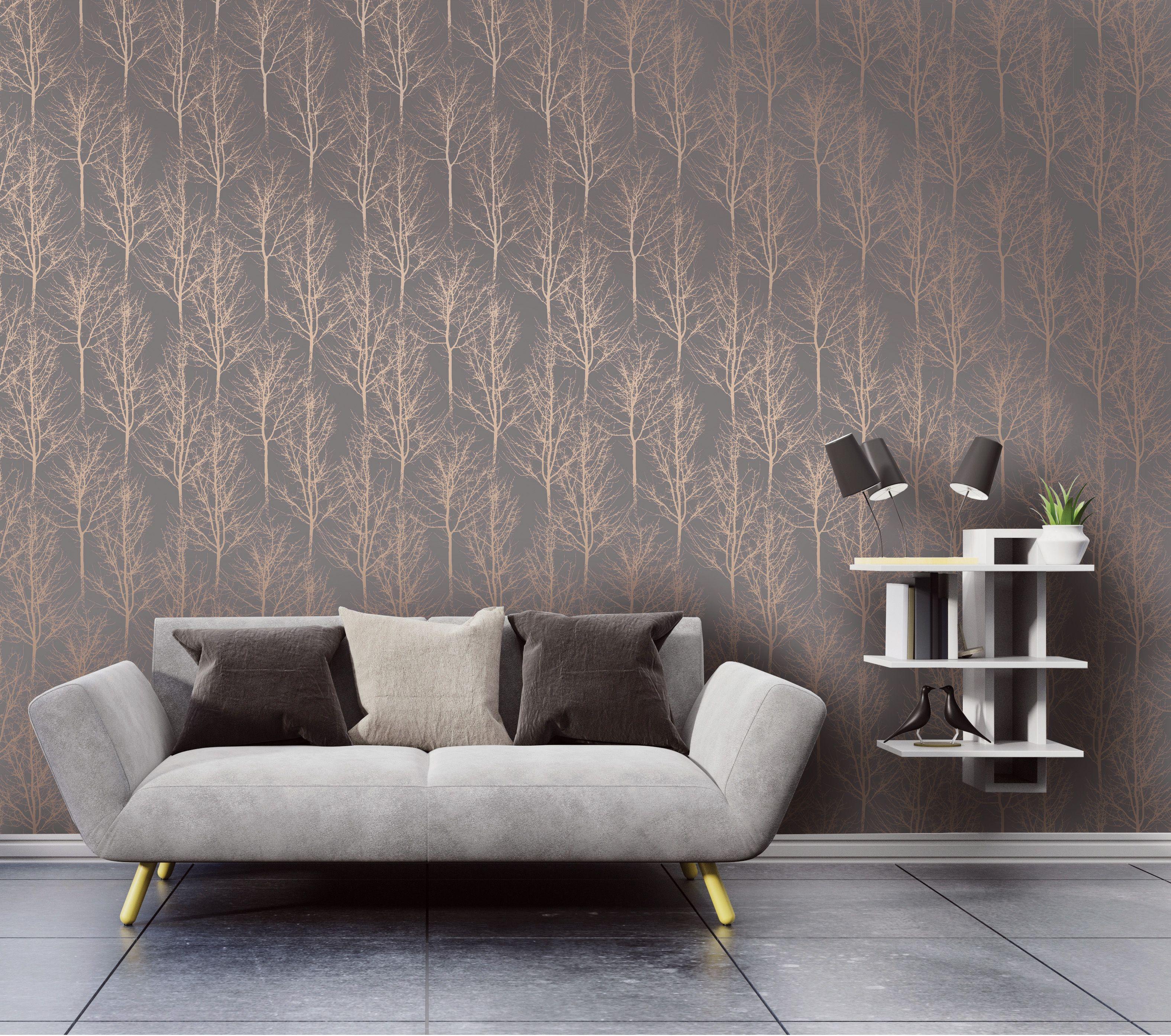 3150x2787 Holden Rhea Zandra Trees Dark Grey Rose Gold Wallpaper 90761. Untouchables Wallpaper, Wall Murals And Paints