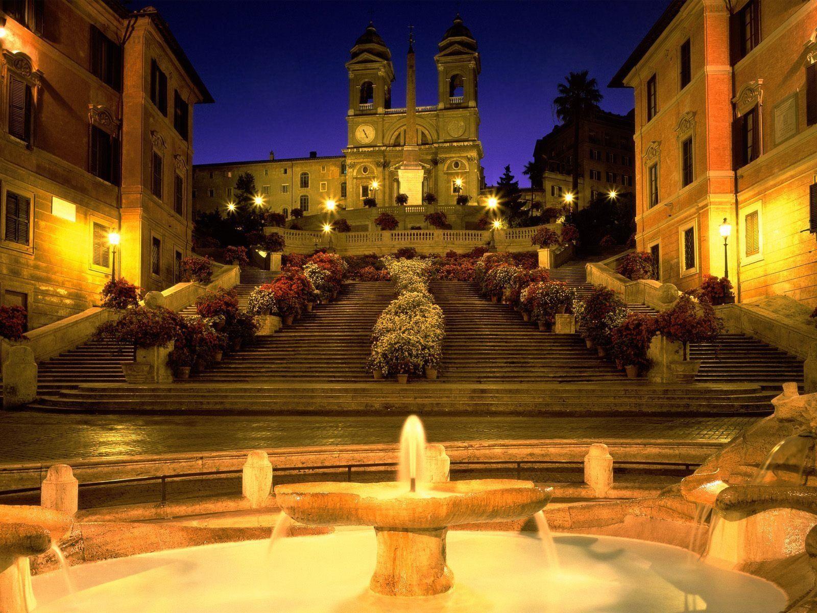 1600x1200 Italy, Rome, Church, Stairs, Fountain, Evening, Lights, Street light, City, Piazza di Spagna Wallpaper HD / Desktop and Mobile Background
