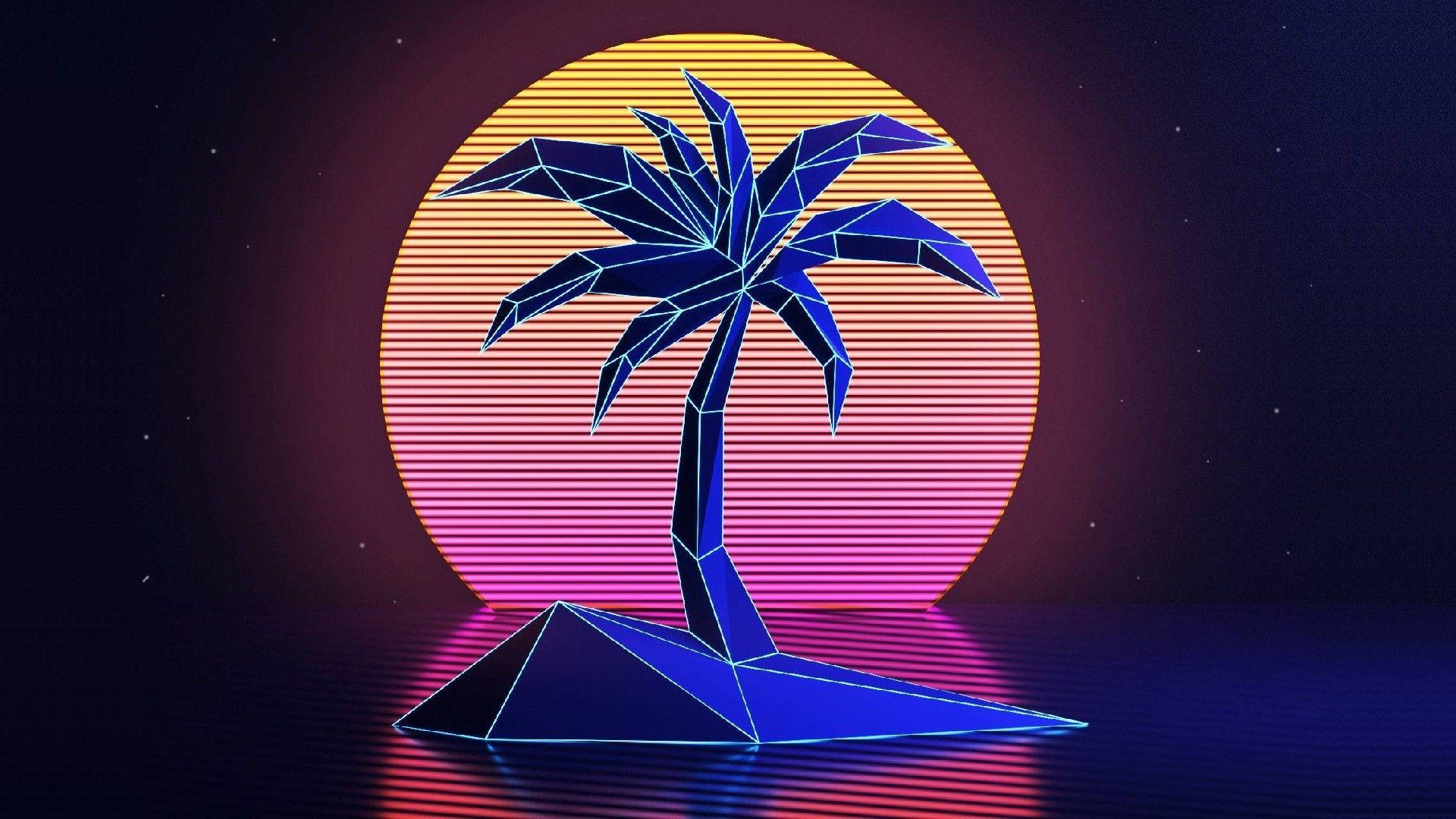 1920x1080 VHS Palm Trees 1980s New Retro Wave Retro Style Vintage Sunset Neon Wallpaper:1920x1080