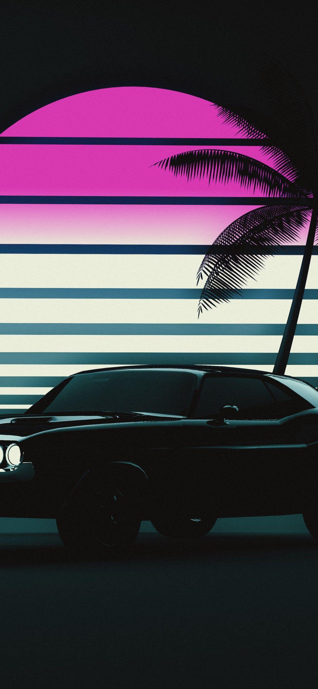 1080x2340 Muscle car 4K Wallpaper, Retro, Vintage car, Sunset, Neon, 5K, Cars