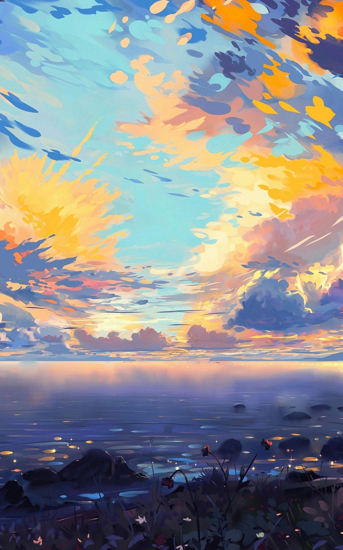 1200x1920 Download 1200x1920 Anime Landscape, Sea, Ships, Colorful, Clouds, Scenic, Tree, Horizon Wallpaper for Asus Transformer, Asus Nexus Amazon Kindle Fire HD 8.9