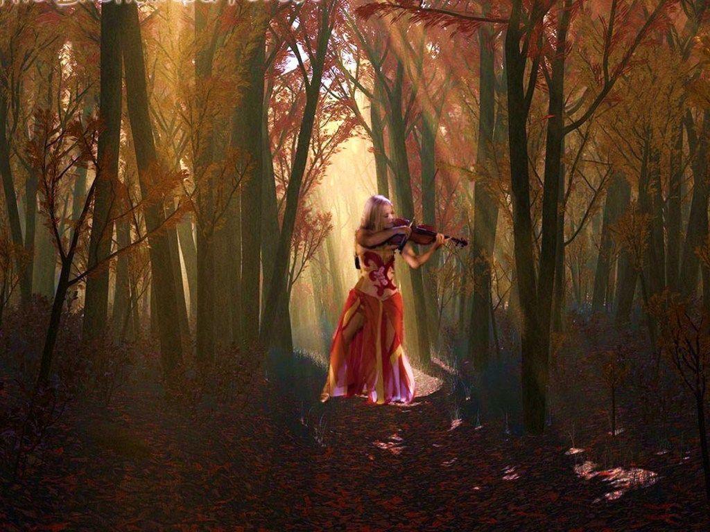 1024x768 The violonist. Nature background, Tree wallpaper, Autumn fairy