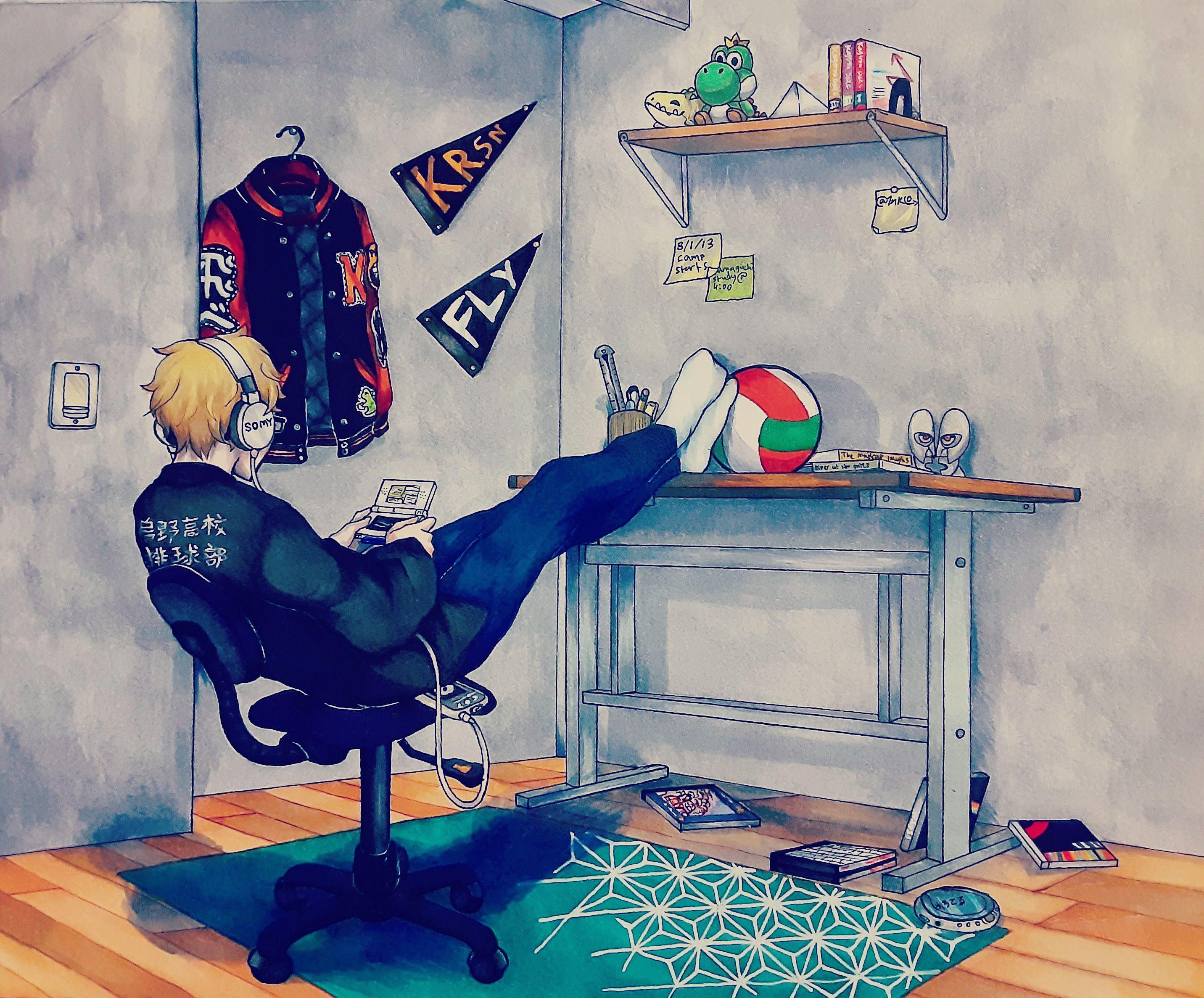 2864x2374 Tsukki playing DS listening to music (reupload, copic and watercolor)