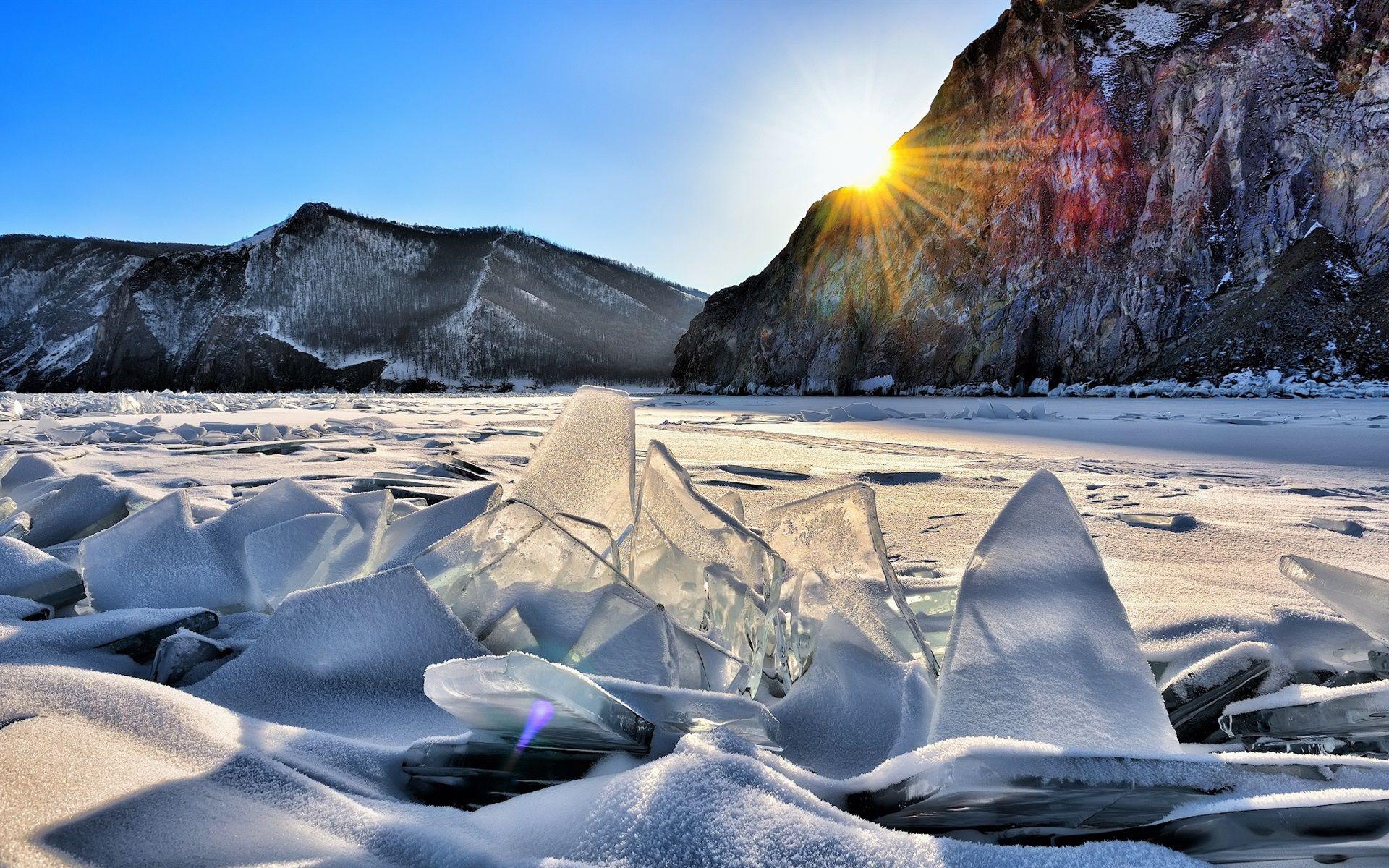 1920x1200 Wallpaper Lake Baikal, snow, ice, mountains, sun, winter 1920x1200 HD Picture, Image